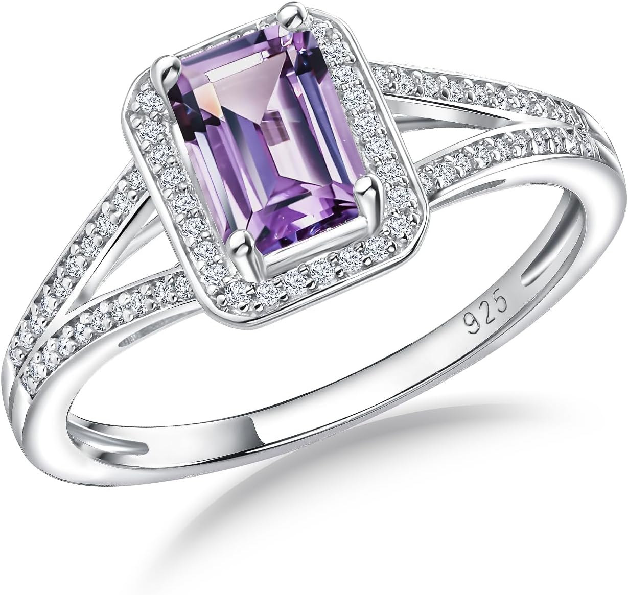 RANDES 925 Sterling Silver Emerald Cut Engagement Ring Created Gemstome Cubic Zirconia Wedding Promise Ring Split Shank Halo Birthstone Rings for Women Size 6-10