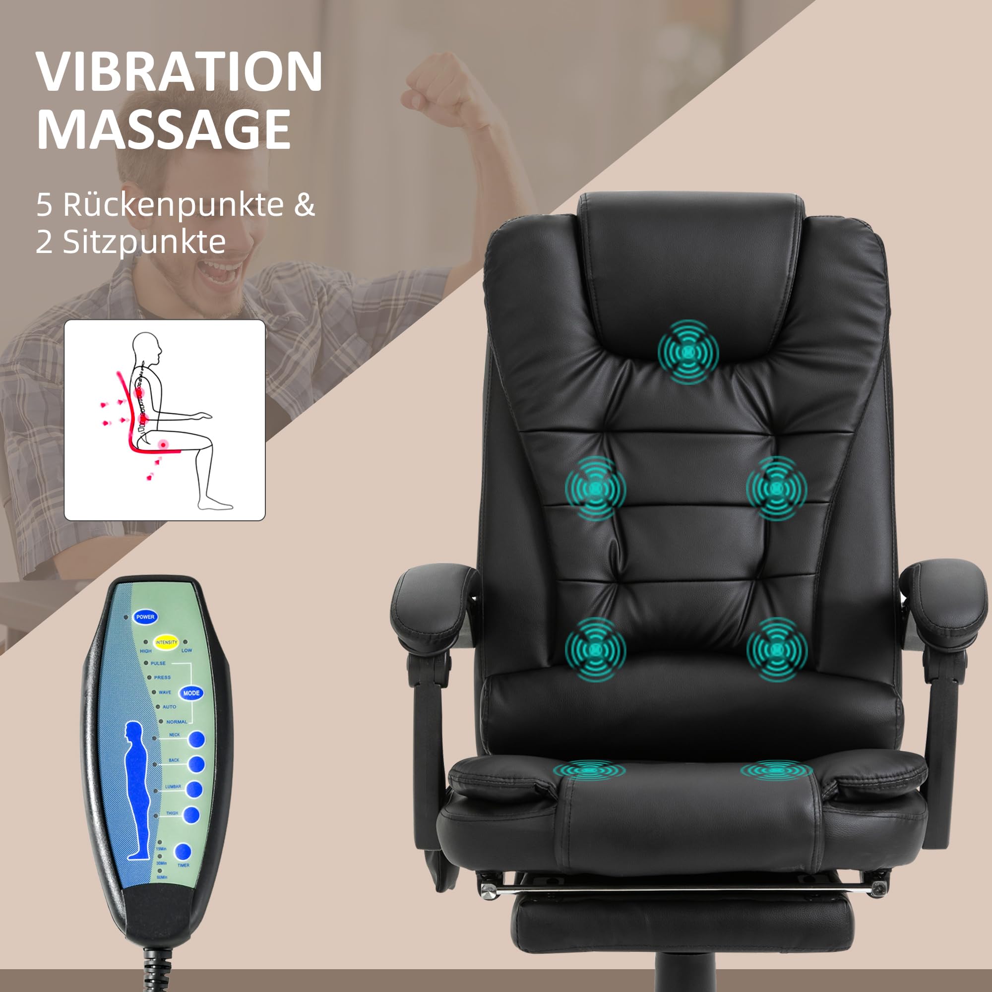 Vinsetto Massagesessel Chefsessel mit Integrierter Fußstütze höhenverstellbarer Drehstuhl mit 7 Massagepunkte Unterem Rückenpolster PVC Metall 67 x 79 x 111-121 cm Schwarz