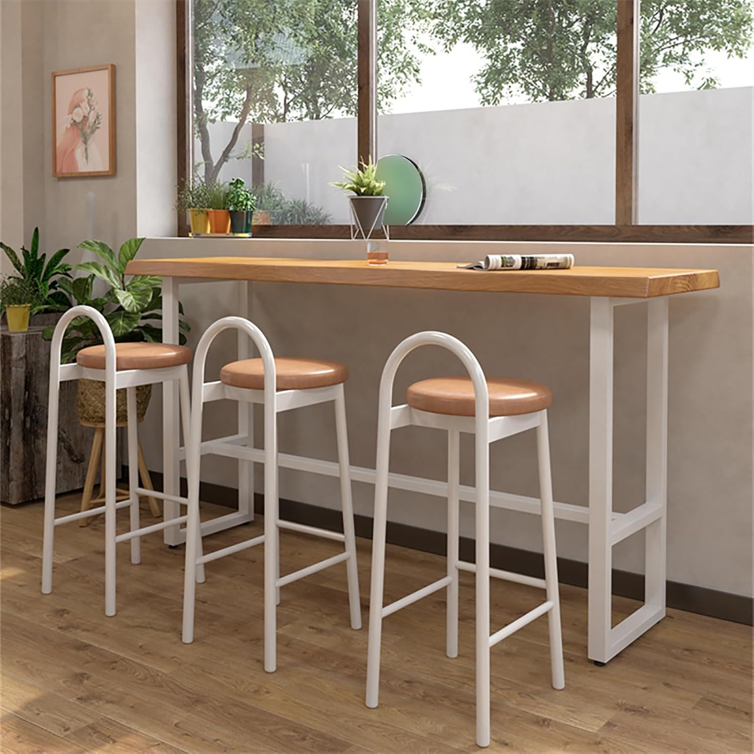 Industrial Solid Wood Bar Table - Narrow Height Rectangle Dining Table for Kitchen & Pub, Farmhouse Style with Steel Legs, Irregular Edges, Original Wood Color + White (120x45cm)