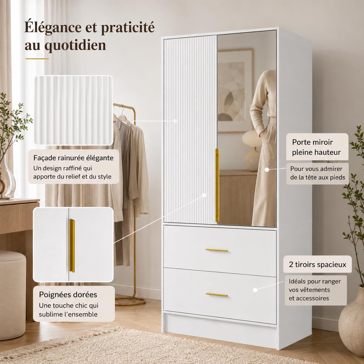 Armadio bianco con specchio, armadio per camera da letto con anta scanalata, 2 cassetti e maniglie dorate, guardaroba per camera da letto, 76 x 48 x 170 cm