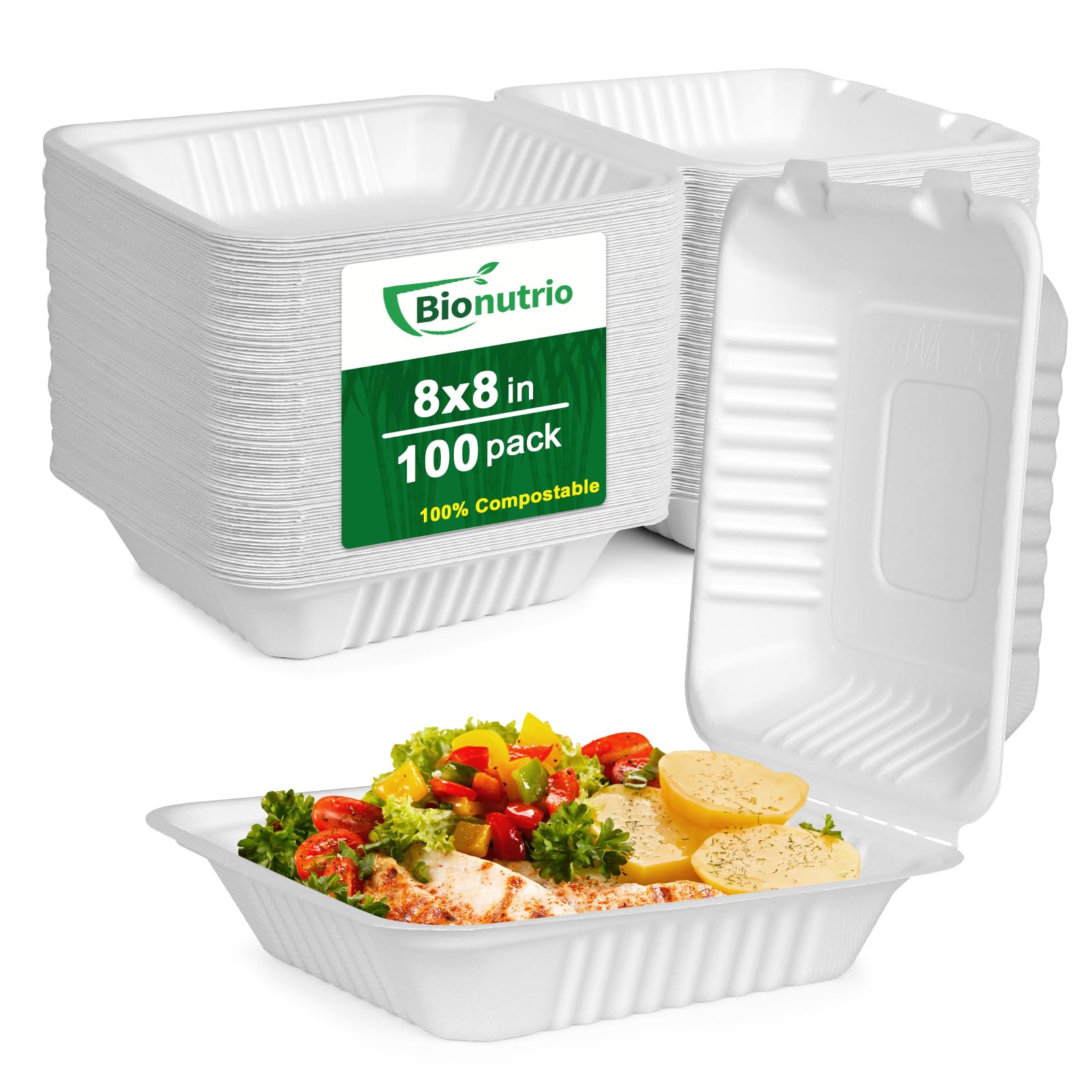 To Go Contenedores de alimentos desechables, contenedores compostables de 8 x 8 pulgadas, cajas para llevar para alimentos, paquete de 100 recipientes biodegradables para llevar caña de azúcar