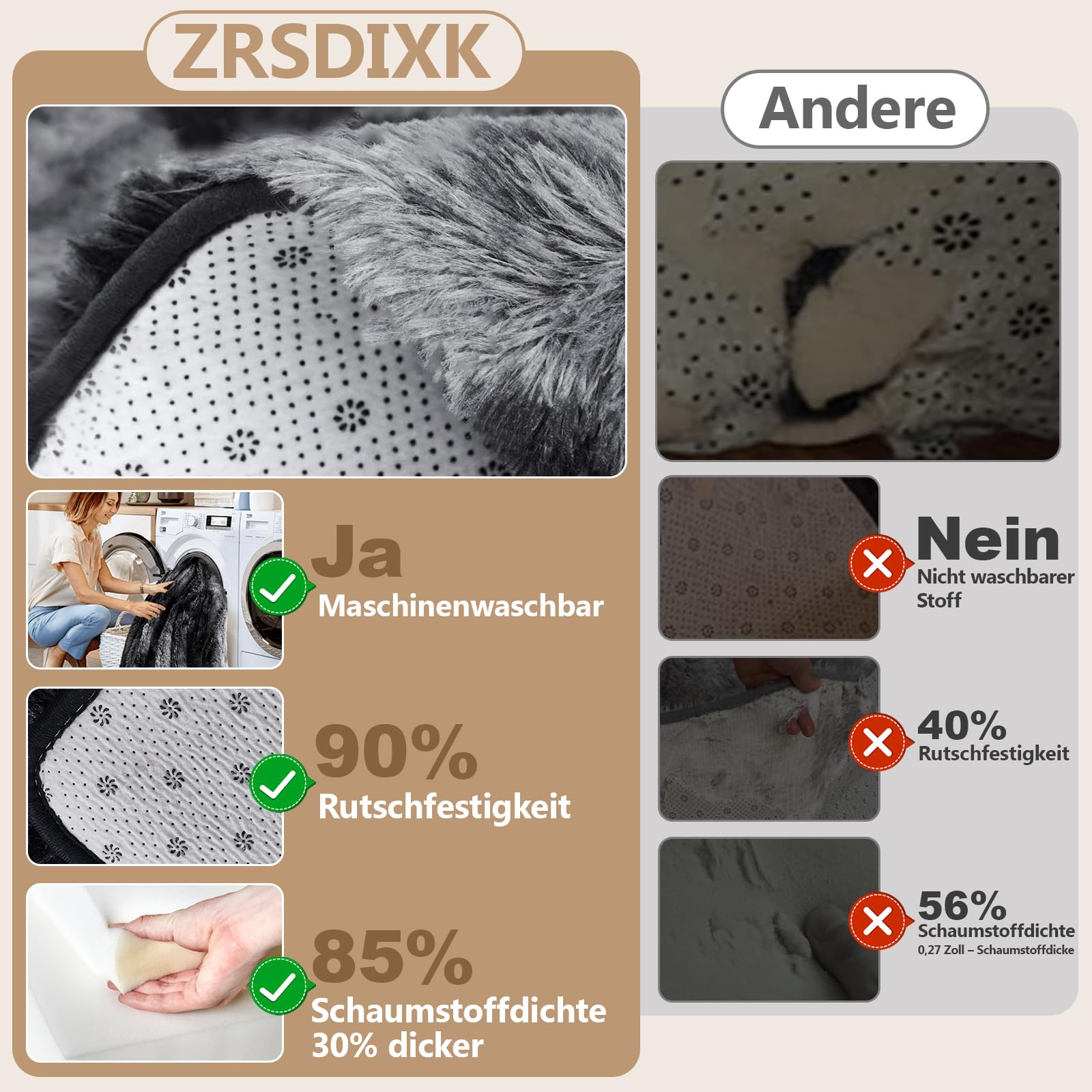 Teppich Wohnzimmer 200 x 300 cm: Hochflor Teppich Grau | Flauschiger Shaggy Teppich, Waschbar & Rutschhemmend, Weicher Polyester Teppiches für Schlafzimmer, Kinderzimmer