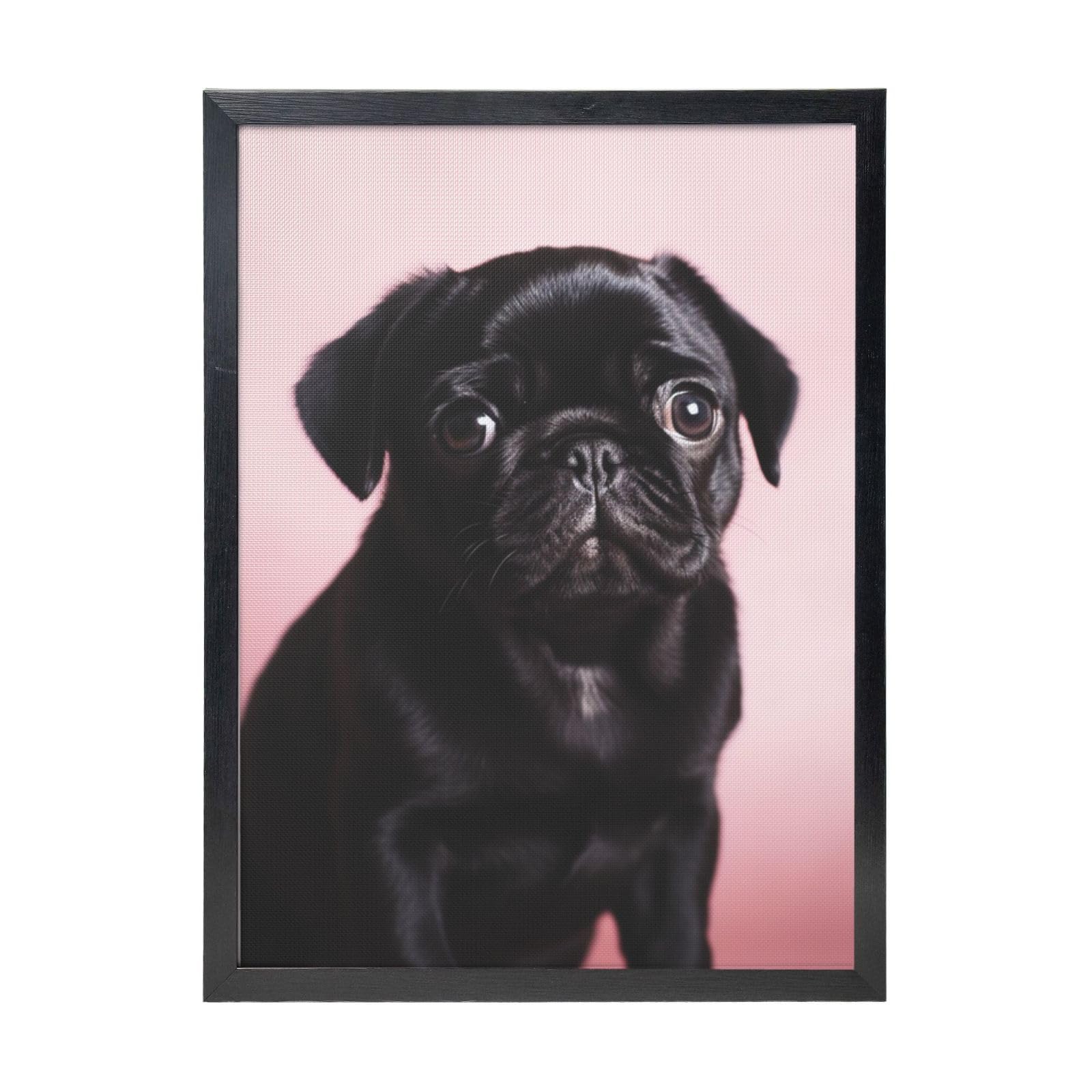 Framed Wall Art - Decorative Canvas Painting Cute Black Pug Pictures Poster Aesthetic Modern Prints Artwork for Bedroom Office Wall Decor Ready To Hang 12x16 in