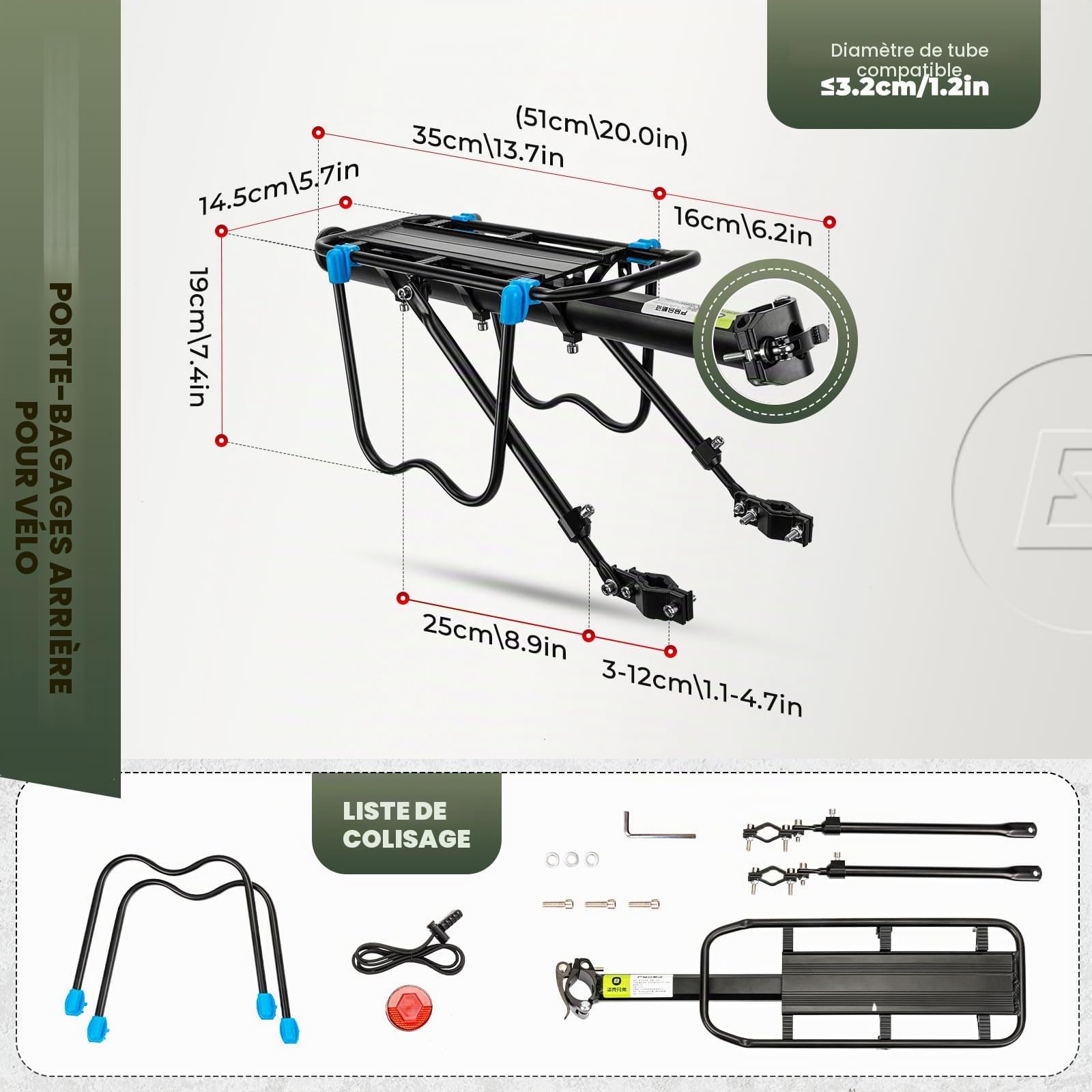 ROCKBROS Porte-Bagages Arrière Vélo Universel Support Bagages Alliage d'Aluminium Charge Max. 75kg Dégagement Rapide avec Réflecteur Stable Robuste pour VTT 24-29 Pouces Vélo de Course Vélo de Ville