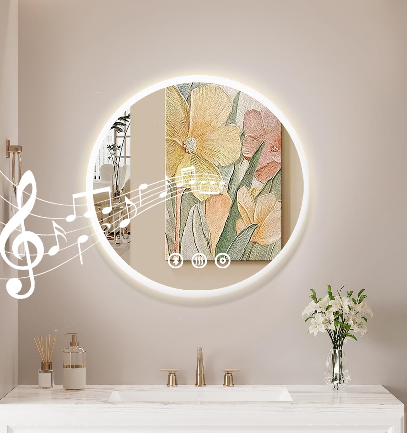 Habison Spiegel Mit Beleuchtung, 50cm Badspiegel Rund Mit Beleuchtung Badezimmerspiegel Mit Antibeschlag, Bluetooth, 3 Lichtfarben Led Badezimmer Wandspiegel Mit Touch Schalter, Spiegel Bad Mit Licht