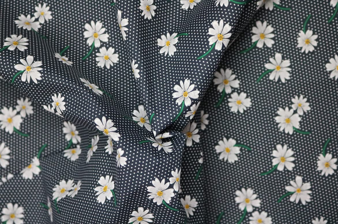 LTD Daisy Floral Polycotton Fabric – 45" Wide, Navy Background with White Flowers – Lightweight Printed Fabric for Quilting, Crafts, Dressmaking & Sewing by The Yard(Navy)