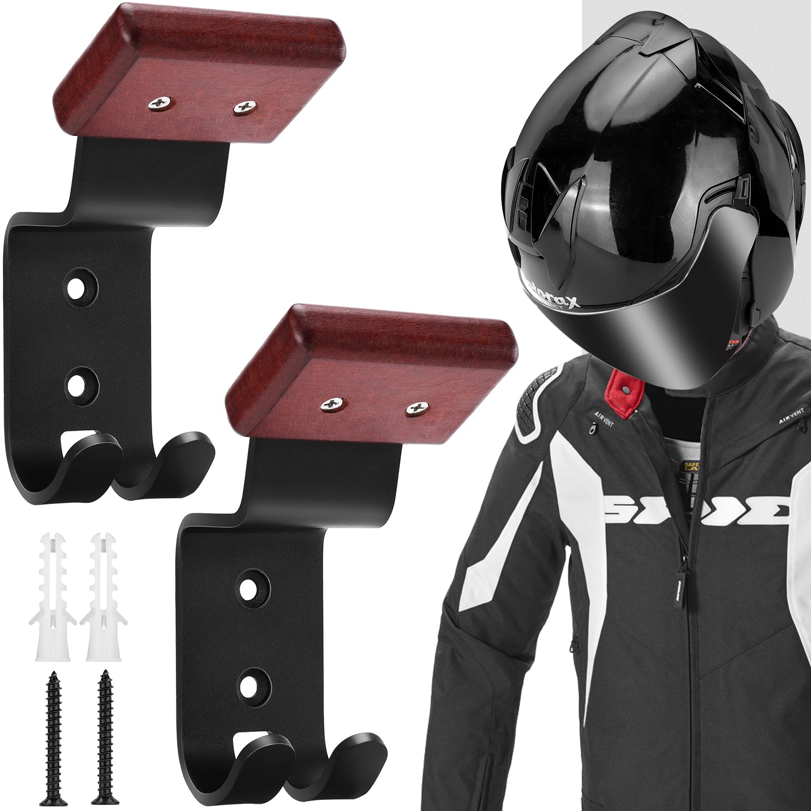 Motorcycle Helmet Holder 2 Pack, Helmet Rack Wall Mount with Double Hook, Helmet Hanger for Football Helmet, Hats, Coats, Sportswear, Motorcycle Accessories for Men