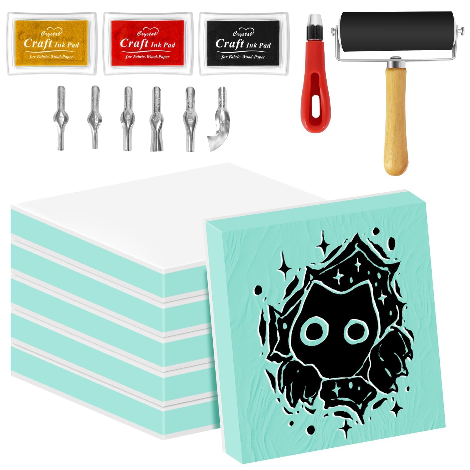 6 bloques de tallado de goma de 2 x 2 pulgadas, kit de fabricación de sellos de bloque de linóleo para principiantes, fabricación de sellos de bricolaje, manualidades de impresión (blanco y