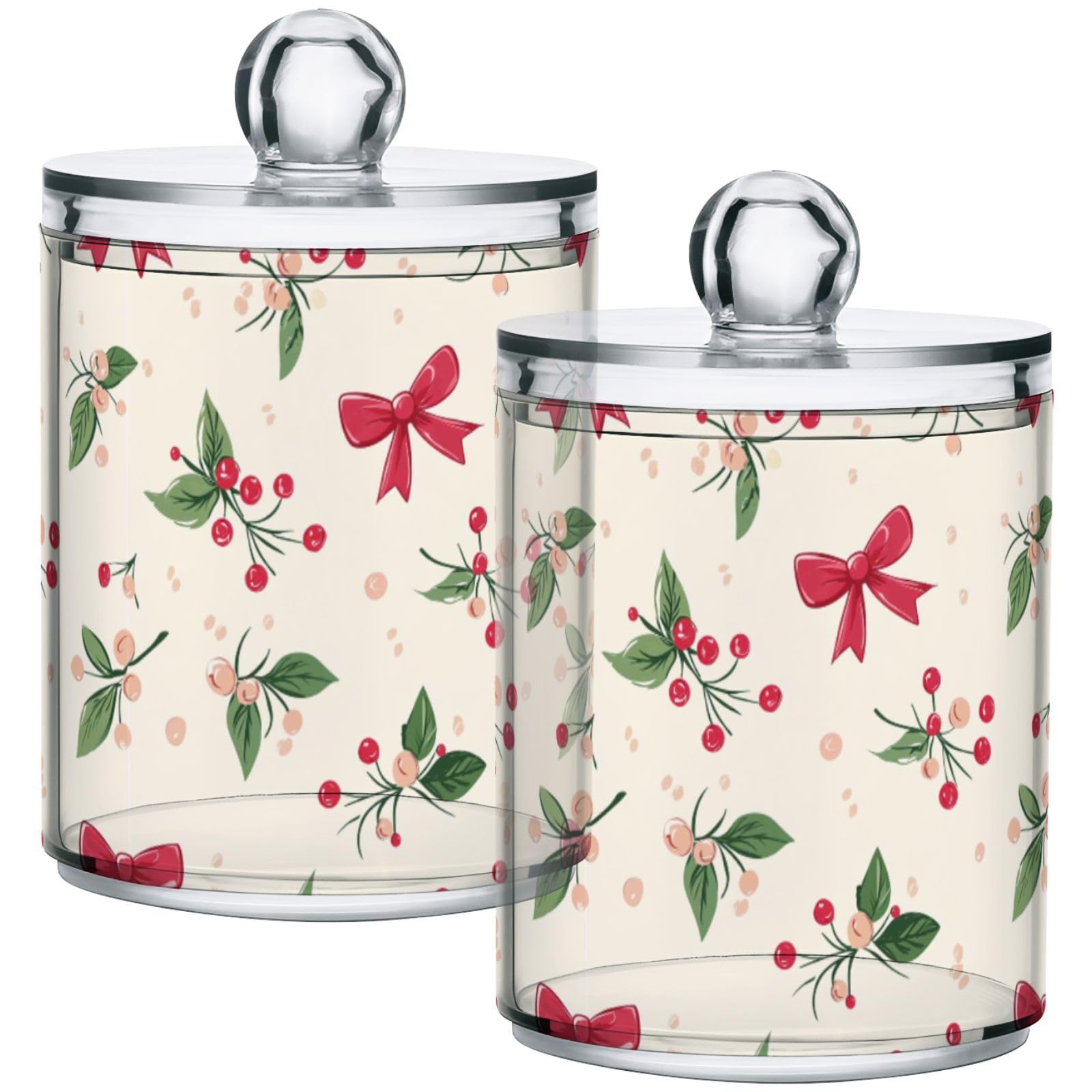 Gredecor 2 Pack Qtip Holder Clear Cherry Bow Flowers Pink (1) Apothecary Jars with Lids Acrylic Bathroom Jars Vanity Countertop Canister Storage Organizer for Cotton Ball,Swabs,Pads,Floss