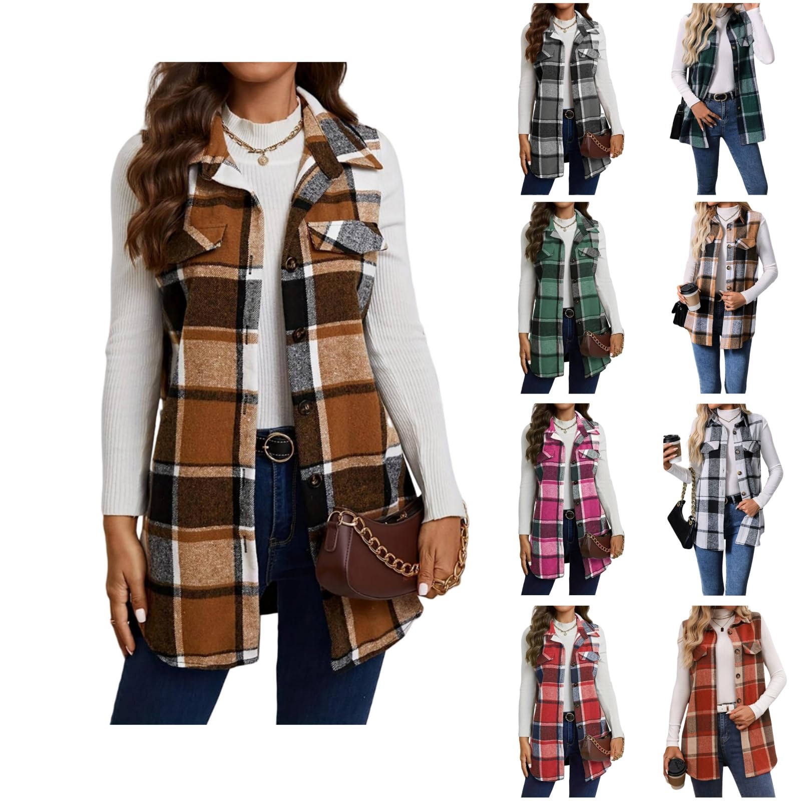Weinexra Womens Vest Jacket Plaid Flannel Sleeveless Shacket Open Front Cardigan Vest Casual Button Down Shirt Outerwear Vest