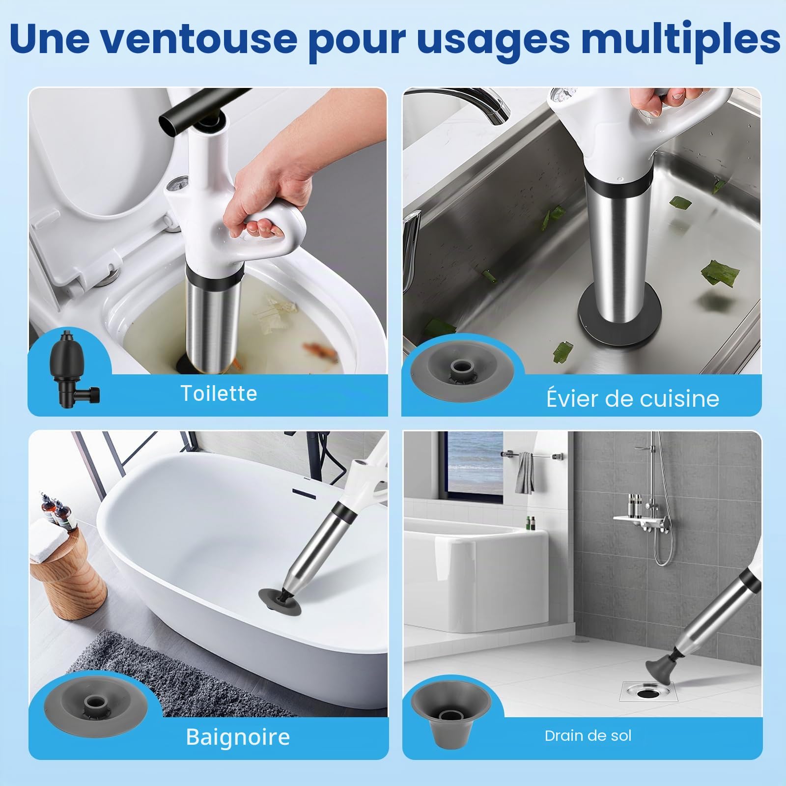 Deboucheur WC, 4 in 1 Déboucheur à Pompe Haute Pression Déboucheur Piston Toilette Puissant Air Comprimé avec Têtes Remplaçables et Baromètre pour Déboucher les Évier Lavabo Baignoire Drain de Sol