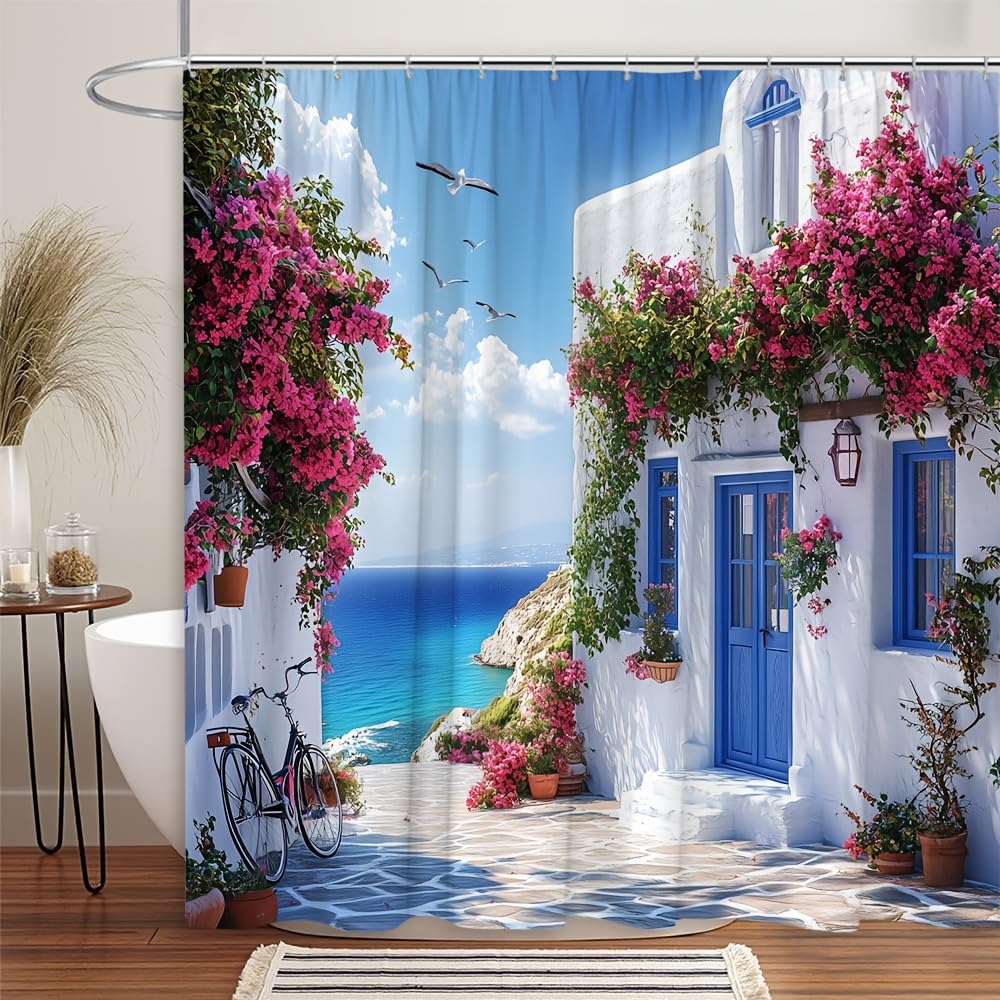 GLKSDLPO Mediterranean Seaside Cottage Shower Curtain, 3D Digital Painting for Vibrant and Scenic Bathroom Decor(91x183cm/36x72in(WxH)