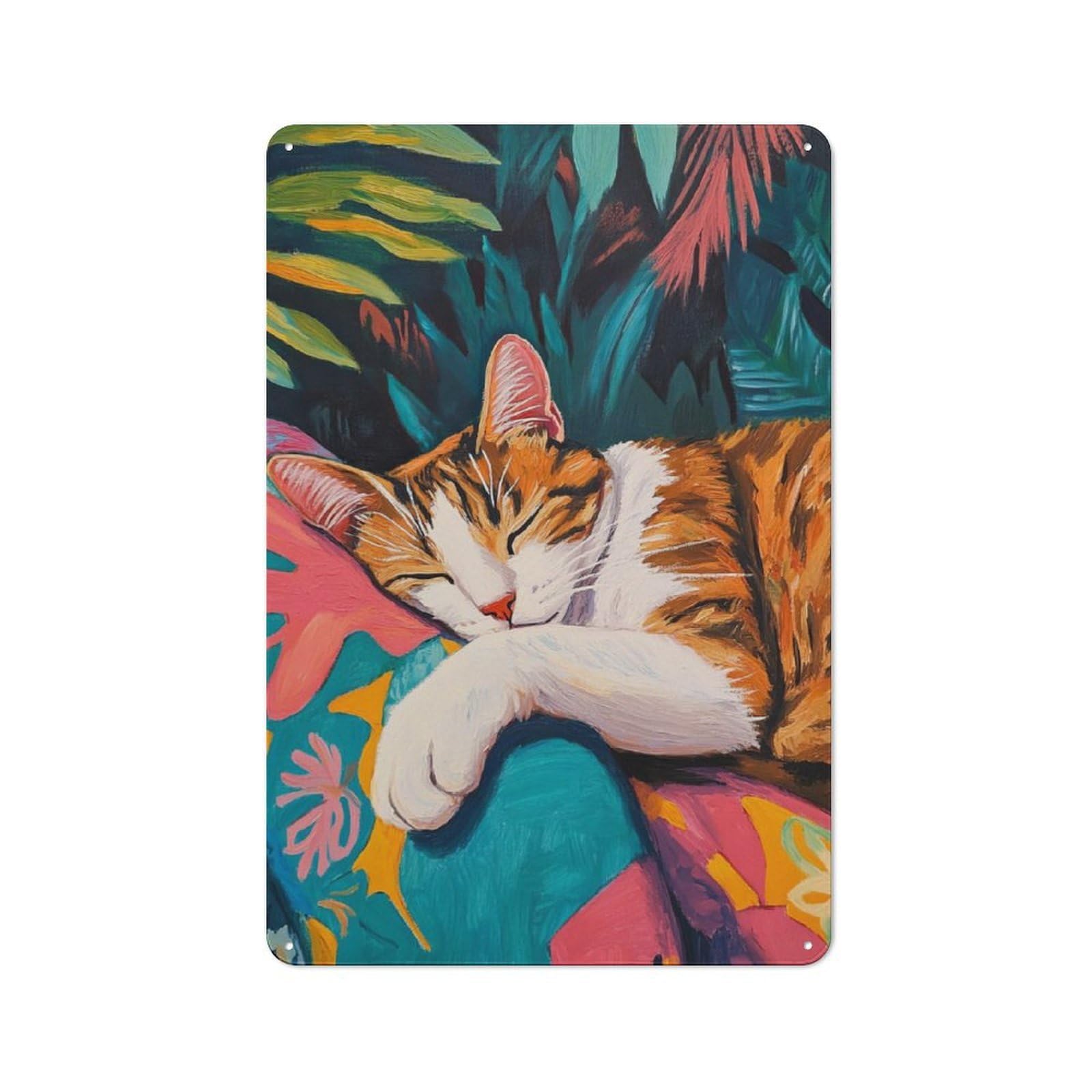 Junmoney Sleeping Cat In Tropical Garden Metal Plaque With Design 30X20cm, Retro Kitchen Wall Decor For Bakery, Diner, Cafe Or Family Room