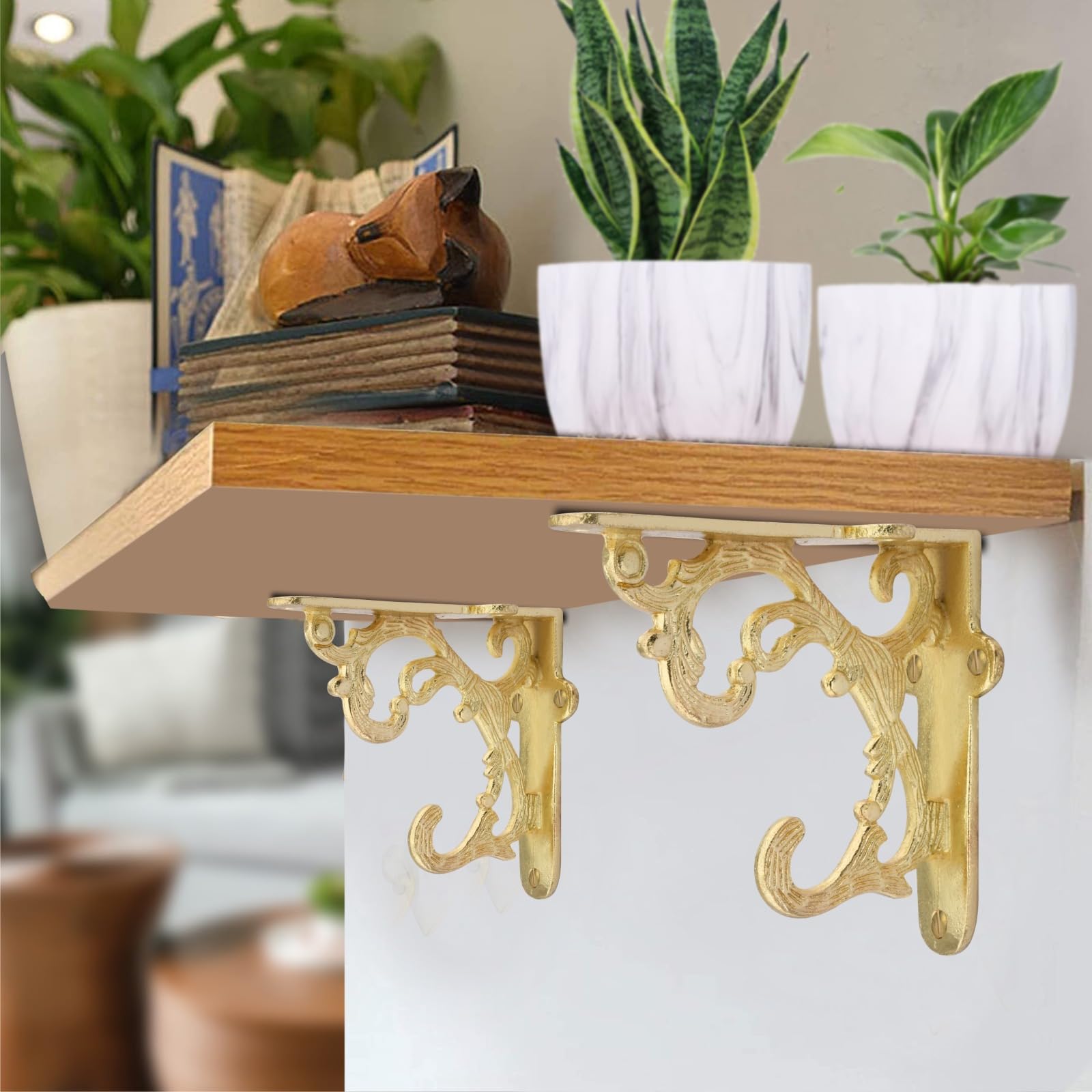 Metal Handcrafted Shelf Bracket for Floating Shelves L Angle Decorative L Shaped Corner Brace Joint Heavy Duty Wall Mounted Shelf Supporter Corner Brace Holder (Pack of 2, Brass Antique) — Amazon image 14