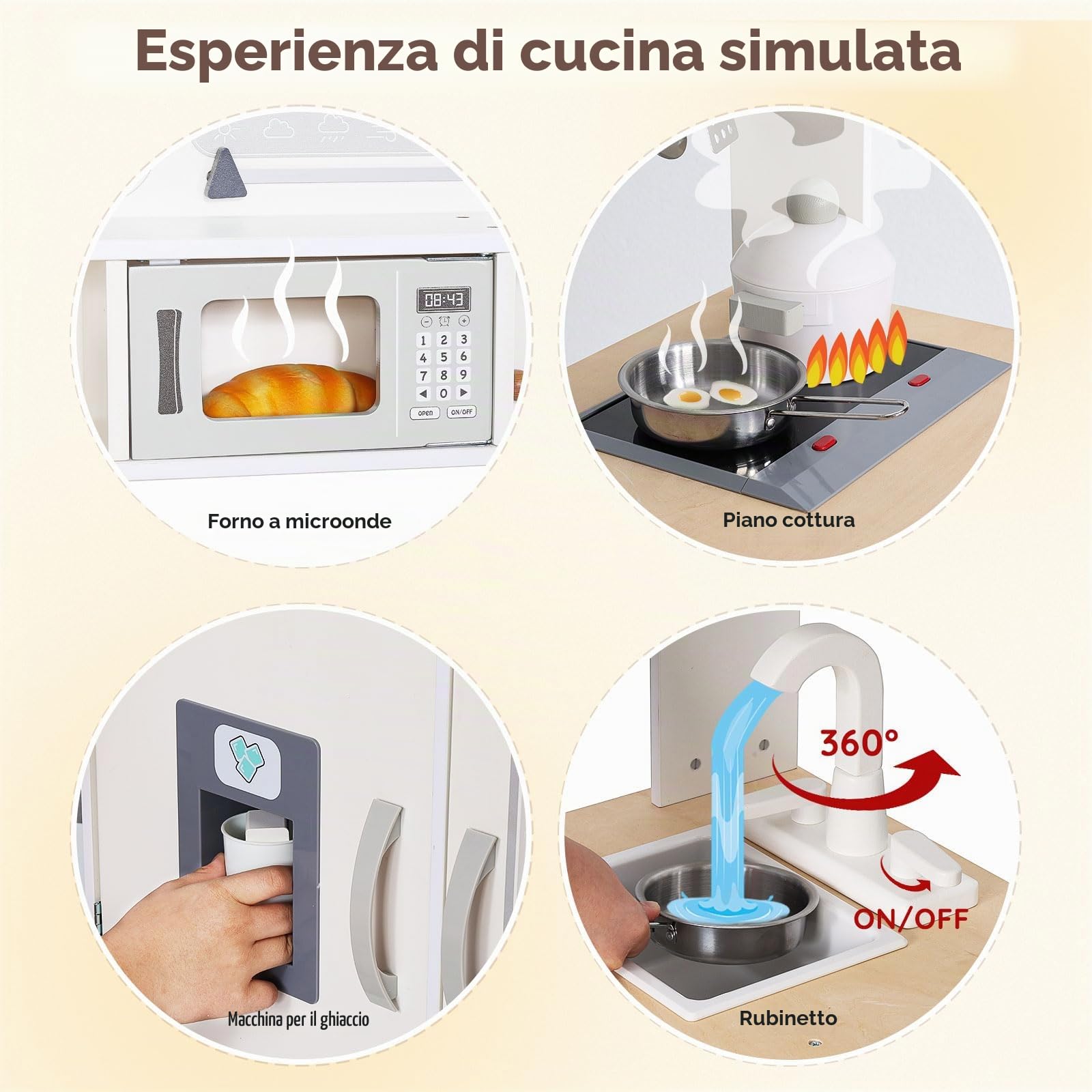 SainSmart Jr. Cucina giocattolo in legno per bambini, color crema, con suoni, microonde e lavello con rubinetto, cucina per bambini con fornello, forno e frigorifero, gioco di ruolo a partire dai 3