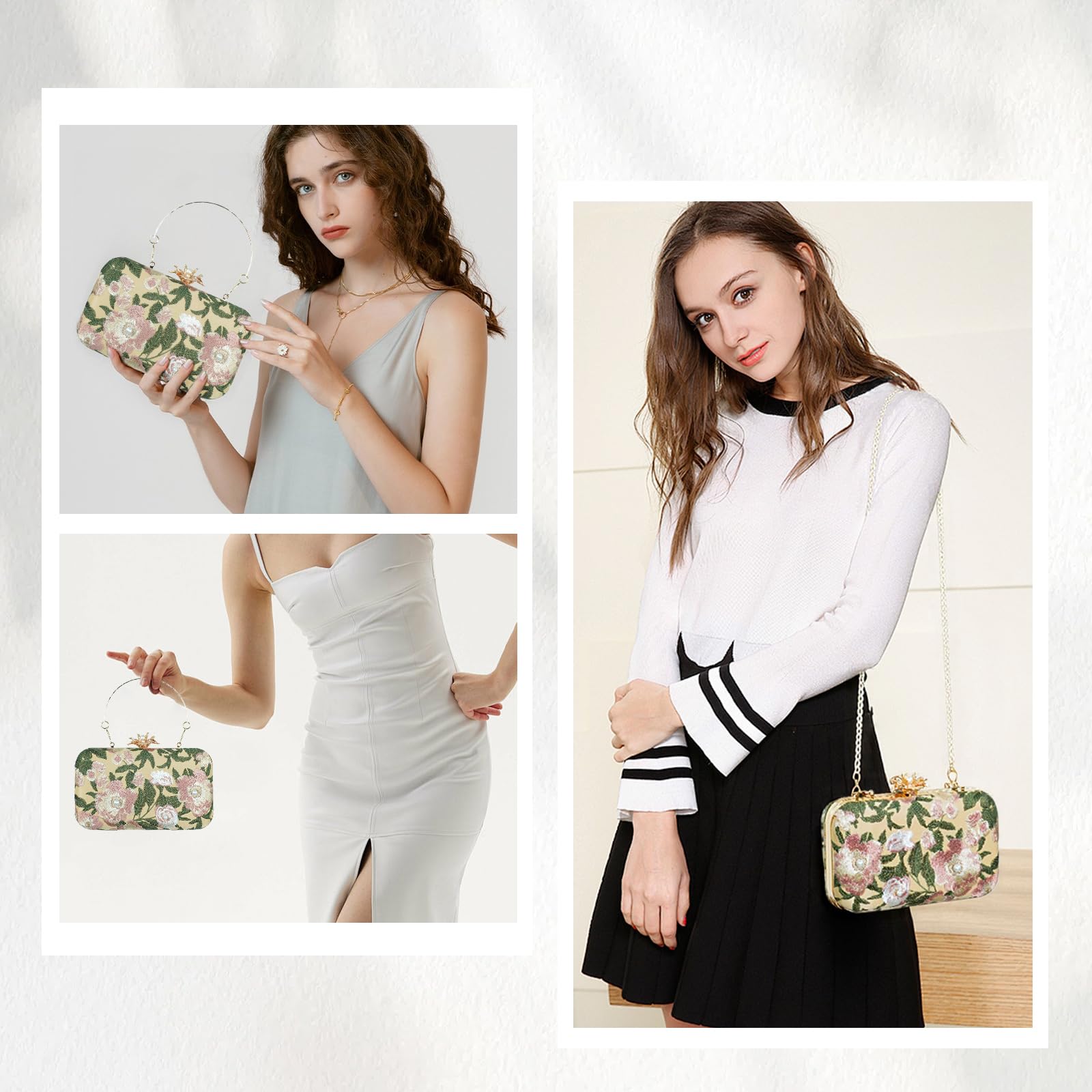 Bolso de Noche para Mujer, Bolso de Mano con Bordado Floral, Perla Clutch de Cóctel con Cadena, Bolso de Hombro Jacquard para Boda, Fiesta