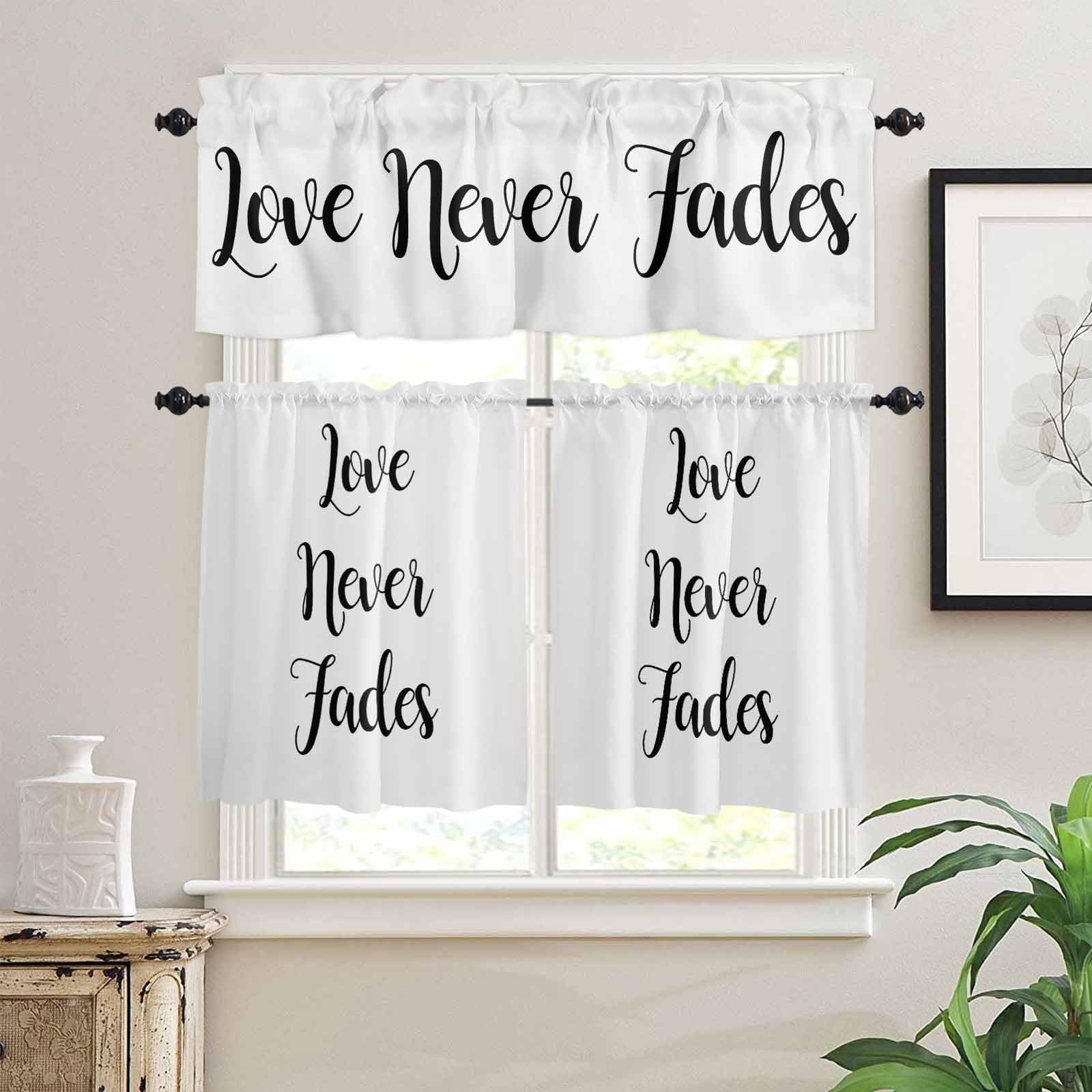 Love Never Fades Kitchen Curtains 36 Inch Length, 3 Piece Rod Pocket Small Half Tiers and Valance Set, Simple Black Words Small Large Window Treatment Decor for Bedroom/Bathroom Sink