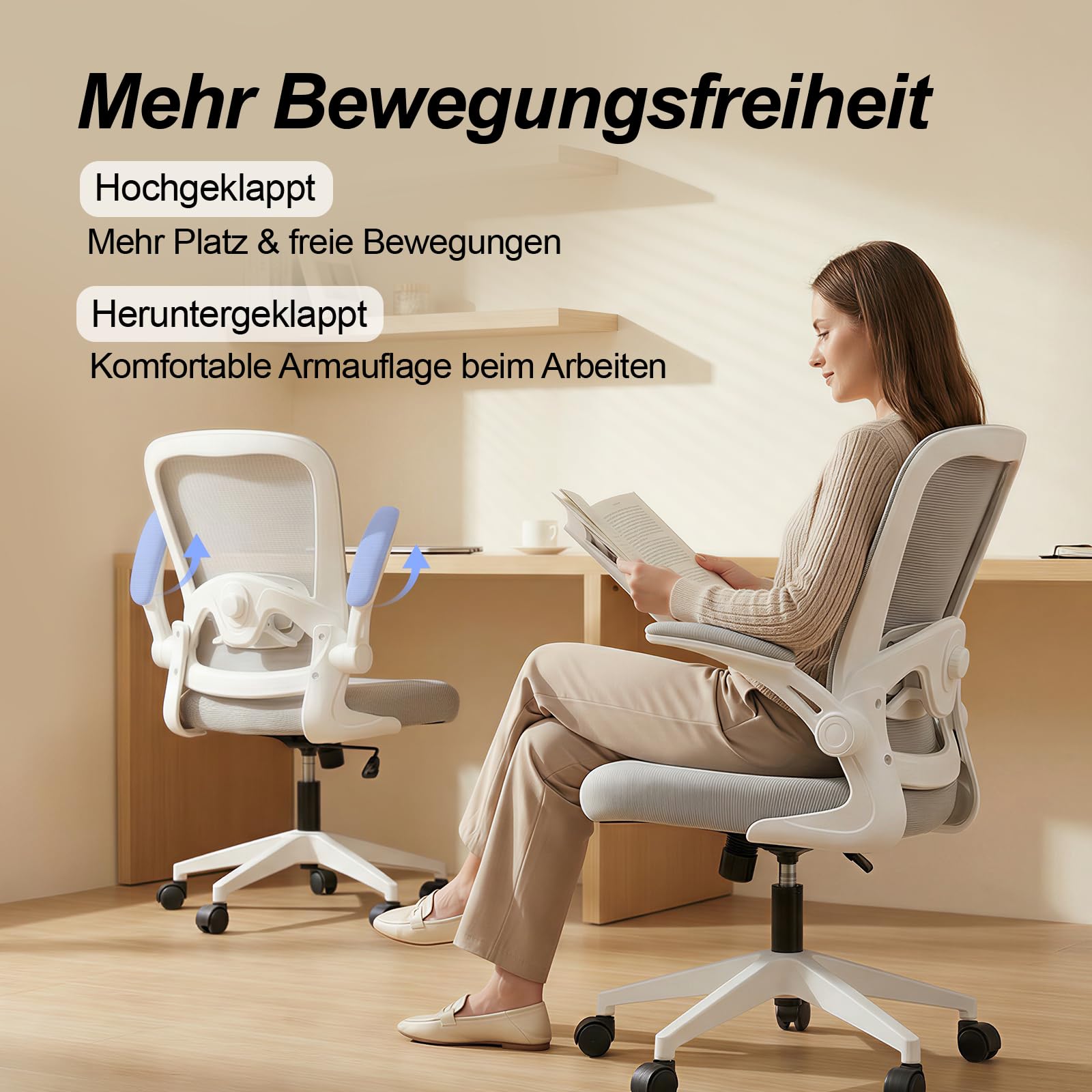 Bürostuhl Ergonomisch mit 4D Verstellbarer Lordosenstütze und Atmungsaktivem Mesh, Ergonomischer Schreibtischstuhl mit 8 cm Formstabilem Sitzpolster, 360° Drehstuhl für Home Office & Büro Weiß