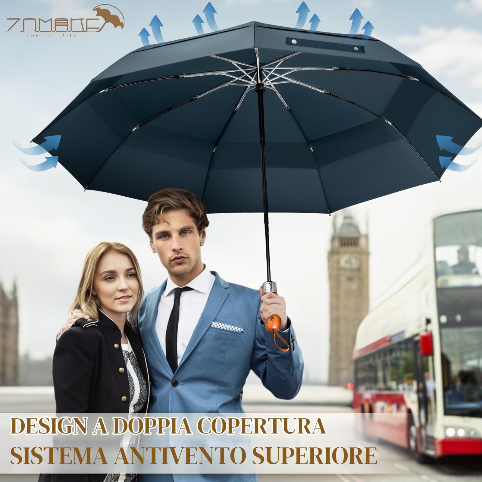 ZOMAKE Ombrello Pieghevole 54 Inch,Ombrello Pioggia Antivento Robusto 134cm con Doppia Tettoia,Ombrelli Pioggia da viaggio Resistenti Da Viaggio Con Manico in Legno per Uomo Donna