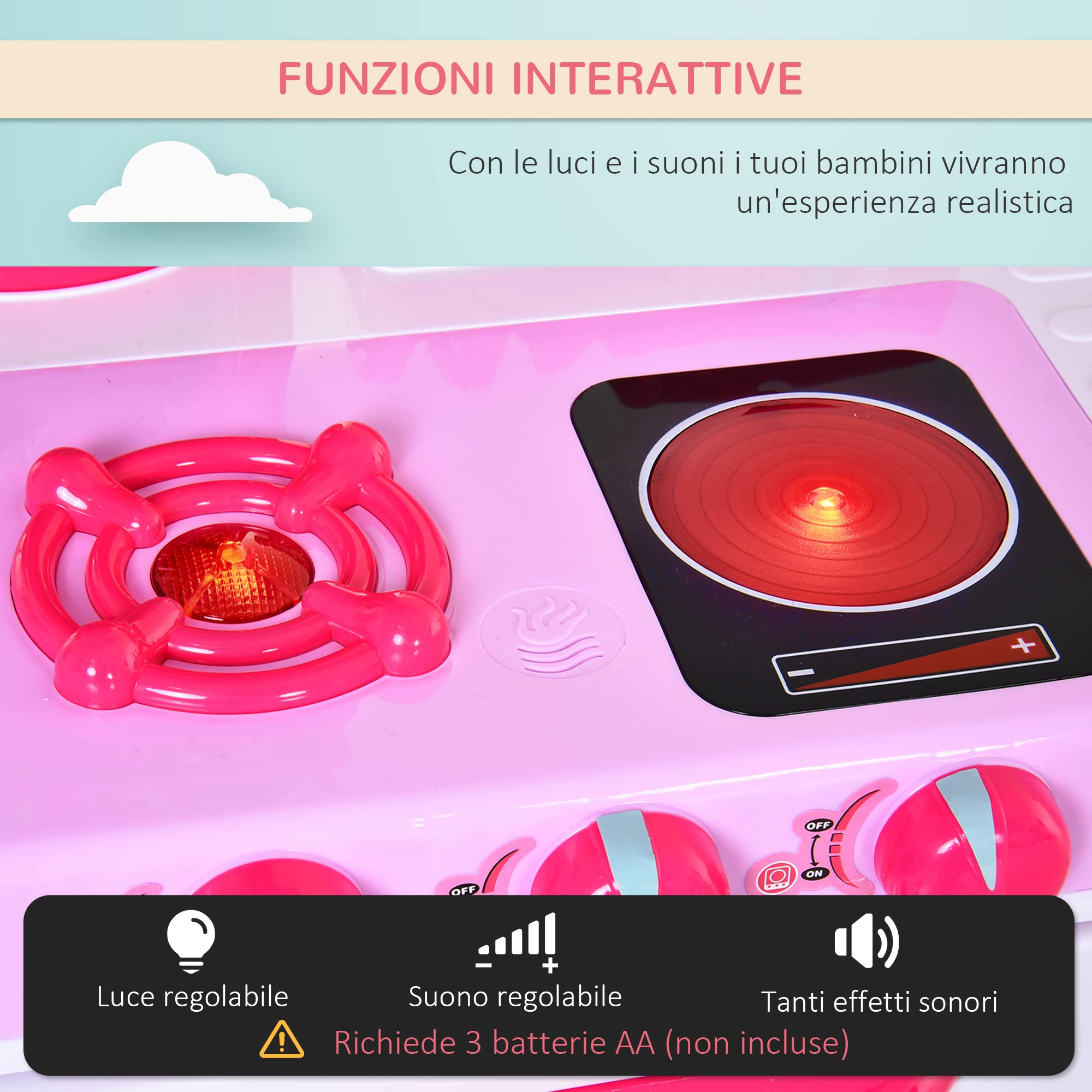HOMCOM Cucina Giocattolo per Bambini con 38 Accessori Inclusi, Gioco con Luci e Suoni Realistici, 78x29x87cm, Rosa