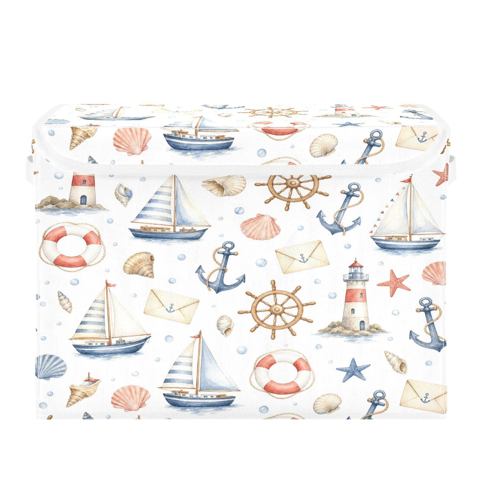 Ewusp Lighthouse Boat Fabric Storage Bin with Lid, Decorative Foldable Storage Basket with Handles, Stackable Closet Shelf Organiser Box for Clothes, Books, Bedroom, Living Room