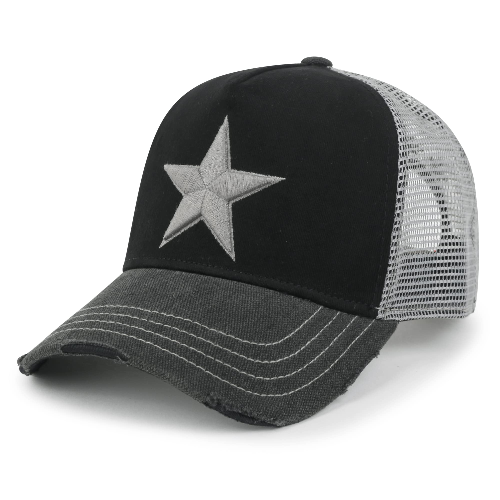 ililily Premium Star Embroidery Cotton Trucker Hat Distressed Baseball Cap
