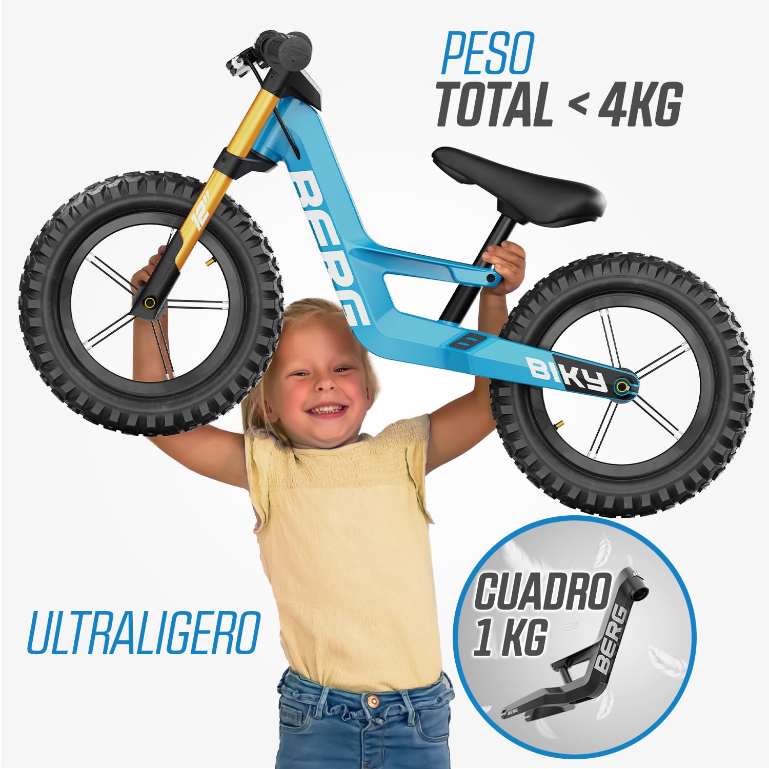 BERG Bicicleta sin Pedales Biky | 2,5-5 años, 12 pulgadas, con freno de mano, cuadro ligero de magnesio, ruedas hinchables