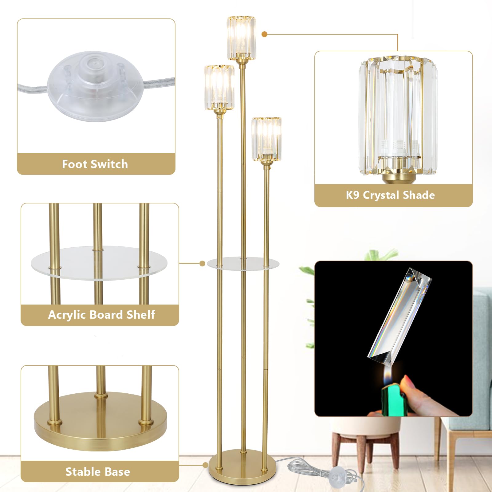 Rayofly Gold Stehlampe Wohnzimmer, Modern Stehlampe mit Regal, 3-flammige Vintage Stehleuchte mit Glas Lampenschirm & Fußschalter, Kristall Stehlampen für Schlafzimmer Büro, Glas Stehlampen Wohnzimmer