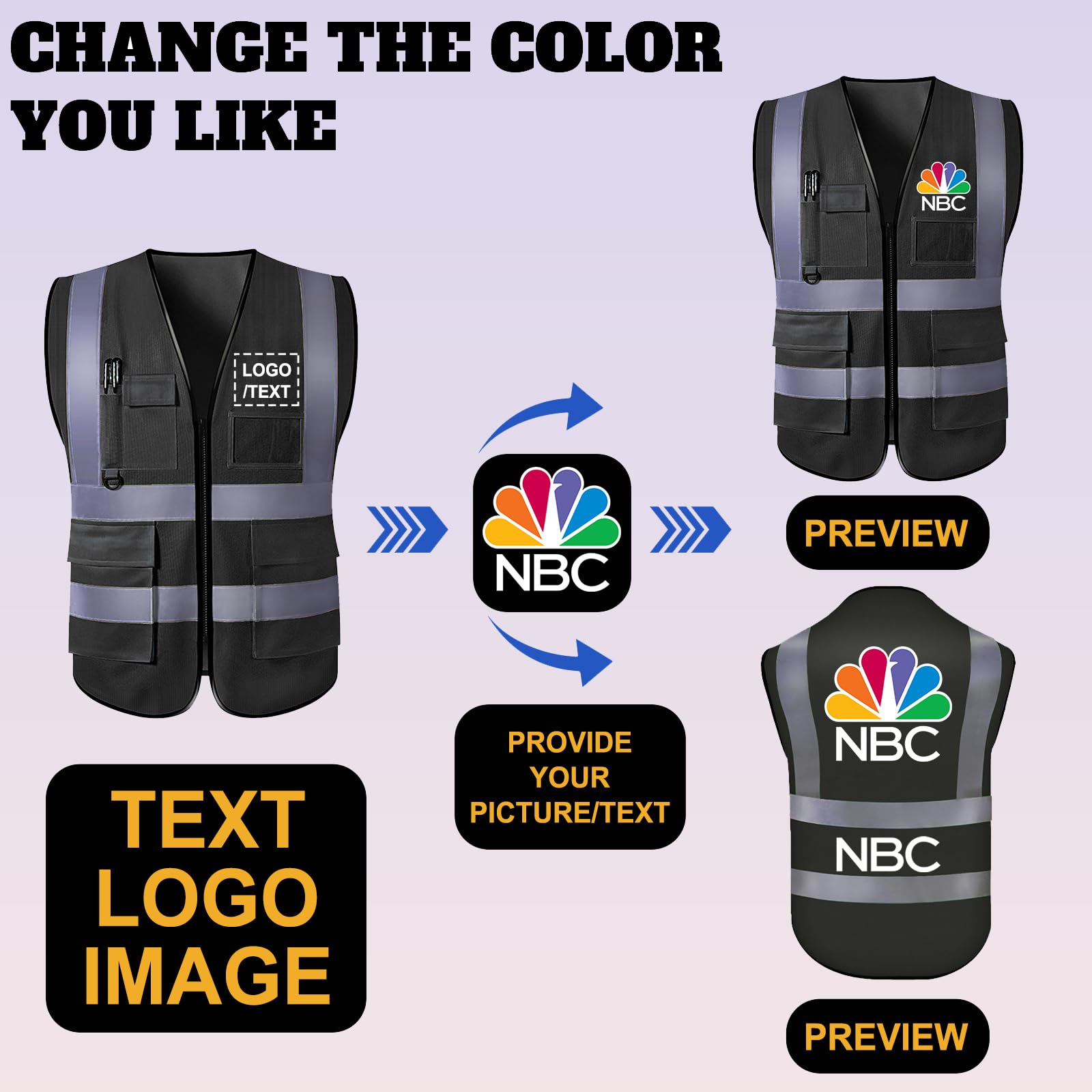 Custom Reflective Safety Vest High Visibility with Pocket Zipper Class 2 for Men Customize Logo Text for Construction Workwear,Black Medium