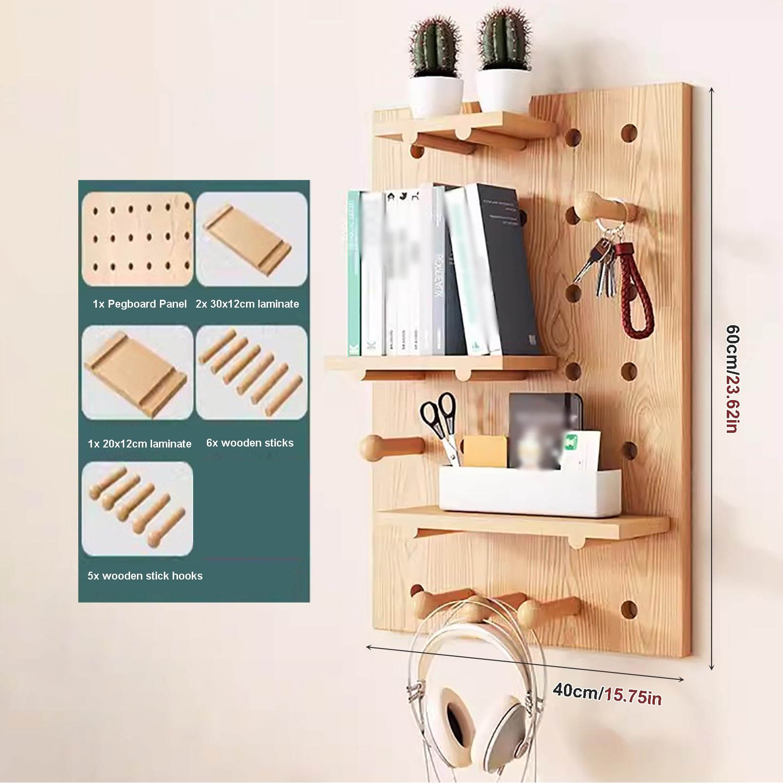Stecktafelregale aus Holz, Wandmontage-Display-Stecktafel-Set, Stecktafel-Wand-Organizer, Stecktafel-Panel für Schlafzimmer, Arbeitszimmer, Büro, Badezimmer (Größe: 40 x 60 cm)