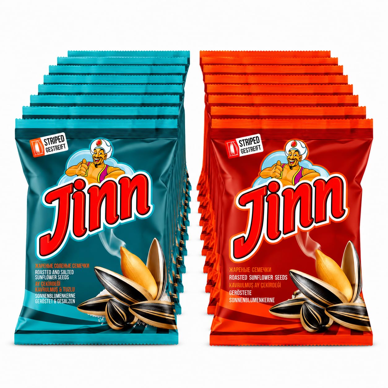 Jinn Geröstete Sonnenblumenkerne mit Schale – 24 x 250 g Mixpack | 12x Leicht Gesalzen & 12x Ungesalzen | Großpackung für Knabberfreunde