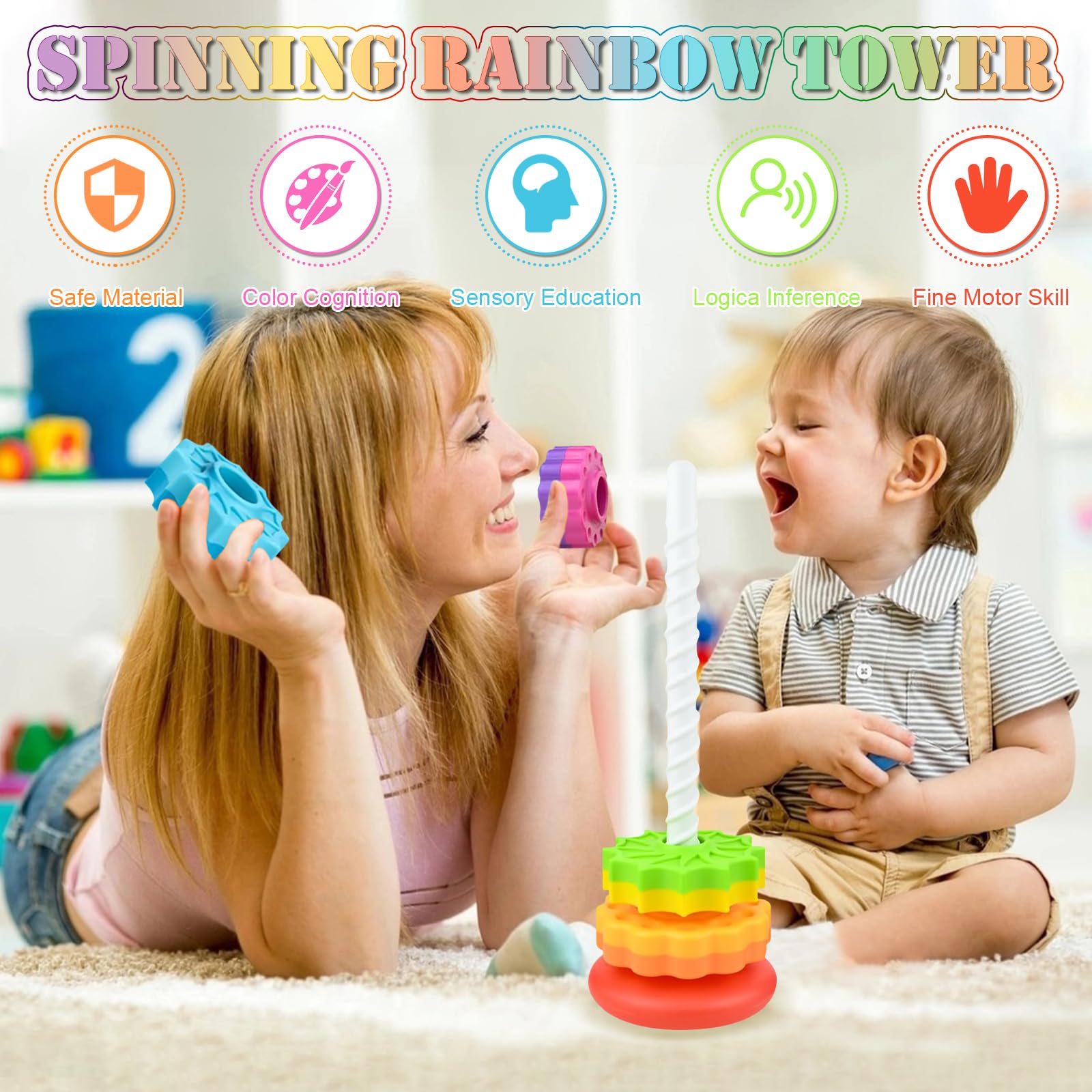 71Nmly Spinning Stacking Toys Baby Spinning Toy Rainbow Tower Stress Relief Stacking Rings Game Kids Stackable Educational Toy for Toddlers Plugging Family Games for 12 Months - Image 2