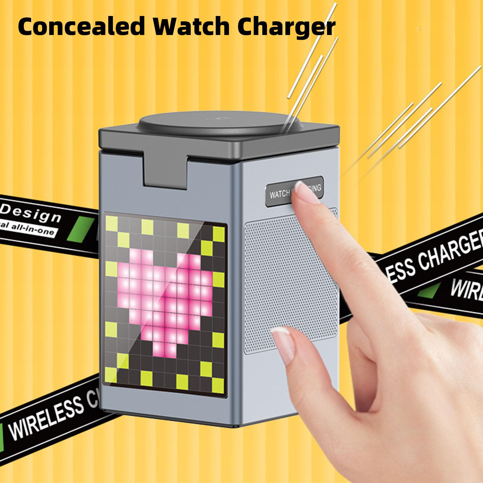Station de Chargement sans Fil 6 en 1 pour avec Haut-Parleur Bluetooth, Affichage Pixel, Réveil, Chargeur sans Fil pour écouteurs de Montre de Téléphone, Station de Chargement
