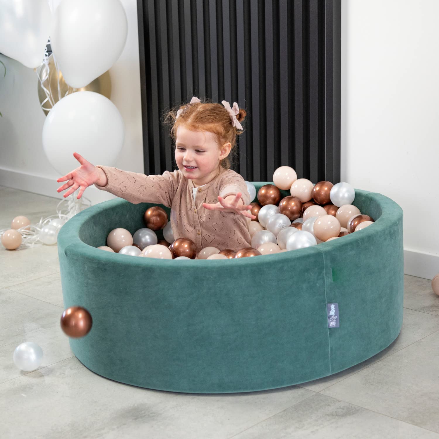 KiddyMoon Piscine À Balles pour Bébé Velours Rond 90X30cm/300 Balles 7Cm Fosses À Boules Jouet Enfant, Vert Forêt: Turquoise Foncé/Beige Pastel/ Cuivre