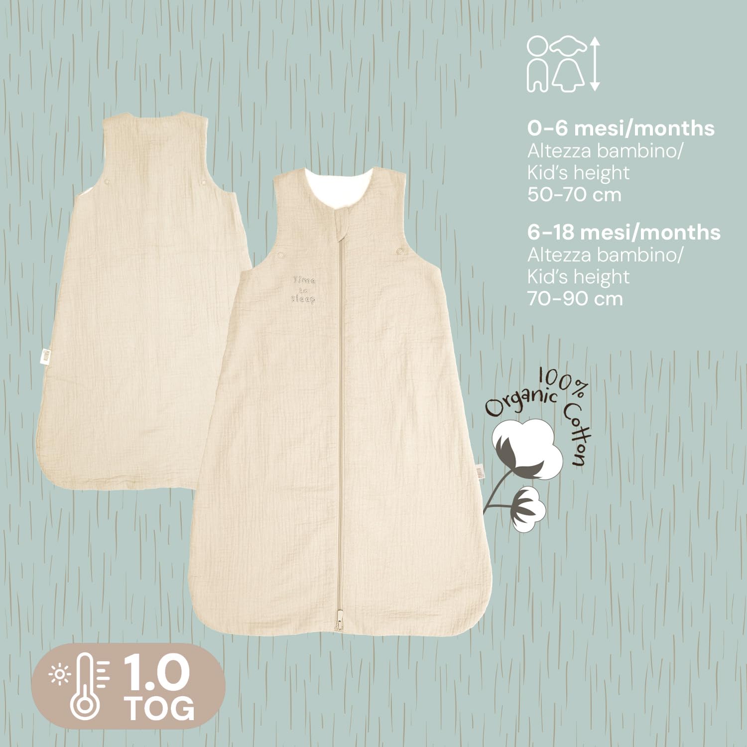 PERLETTI Gigoteuse TOG 1.0 Été Printemps en Coton Bio - Turbulette Bébé Sans Manche avec Fermeture Éclair - Sac de Couchage Doux Nouveau-Né Garçon Fille Léger