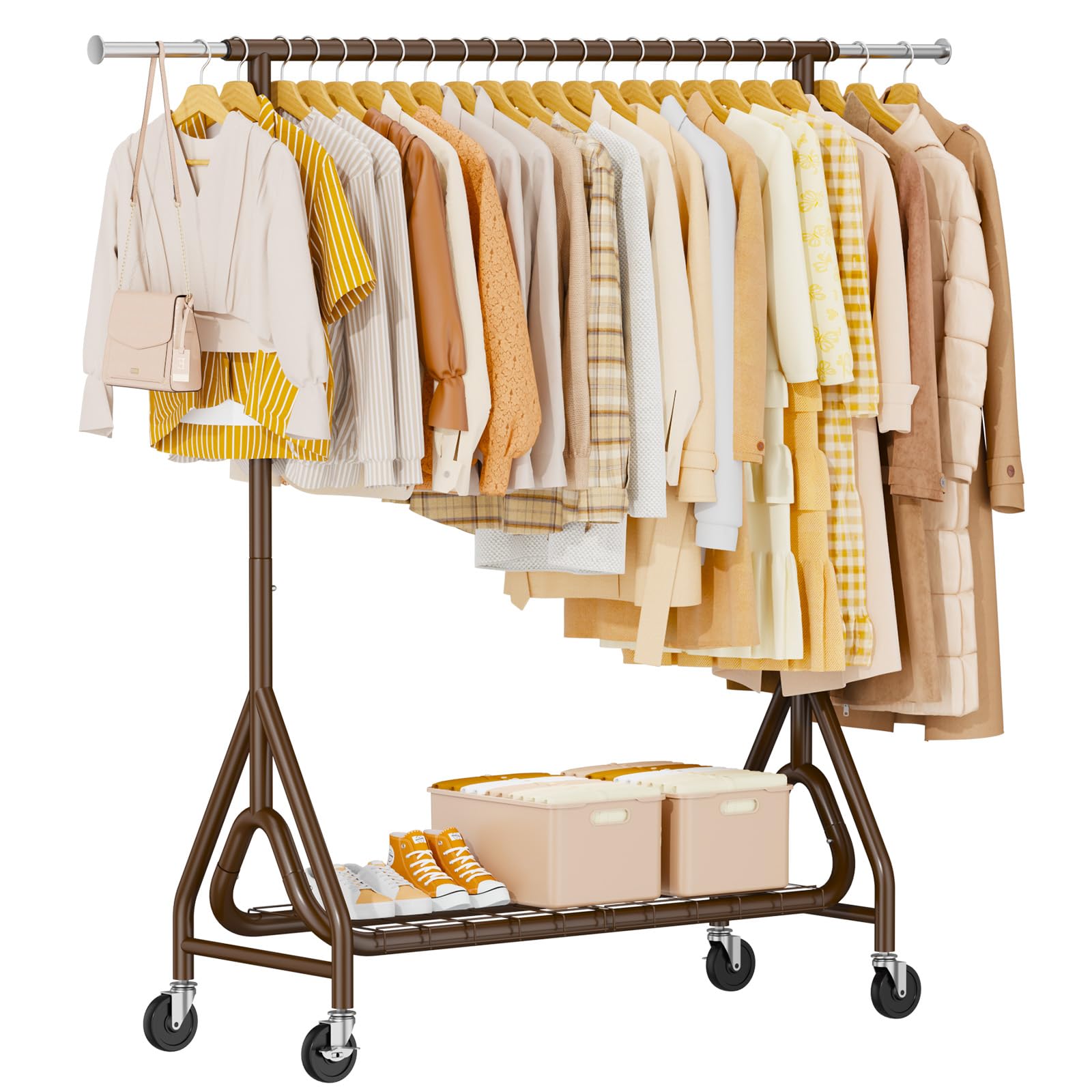 Heavy Duty Clothing Rack, Metal Clothes Rack Load 450 LBS, Rolling Coat Racks for Hanging Clothes with Lockable Wheels, Wardrobe Closet Garment Racks for Bedroom, Brown