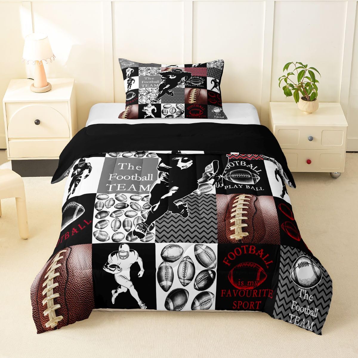 Feelyou Football Comforter Set Toddler Size Sports Geometric Black Patchwork Bedding Set for Kids Boys Girls Rugby Gaming Sports Duvet Quilt Bedroom Decor Microfiber 2 Pcs with 1 Pillow Cases