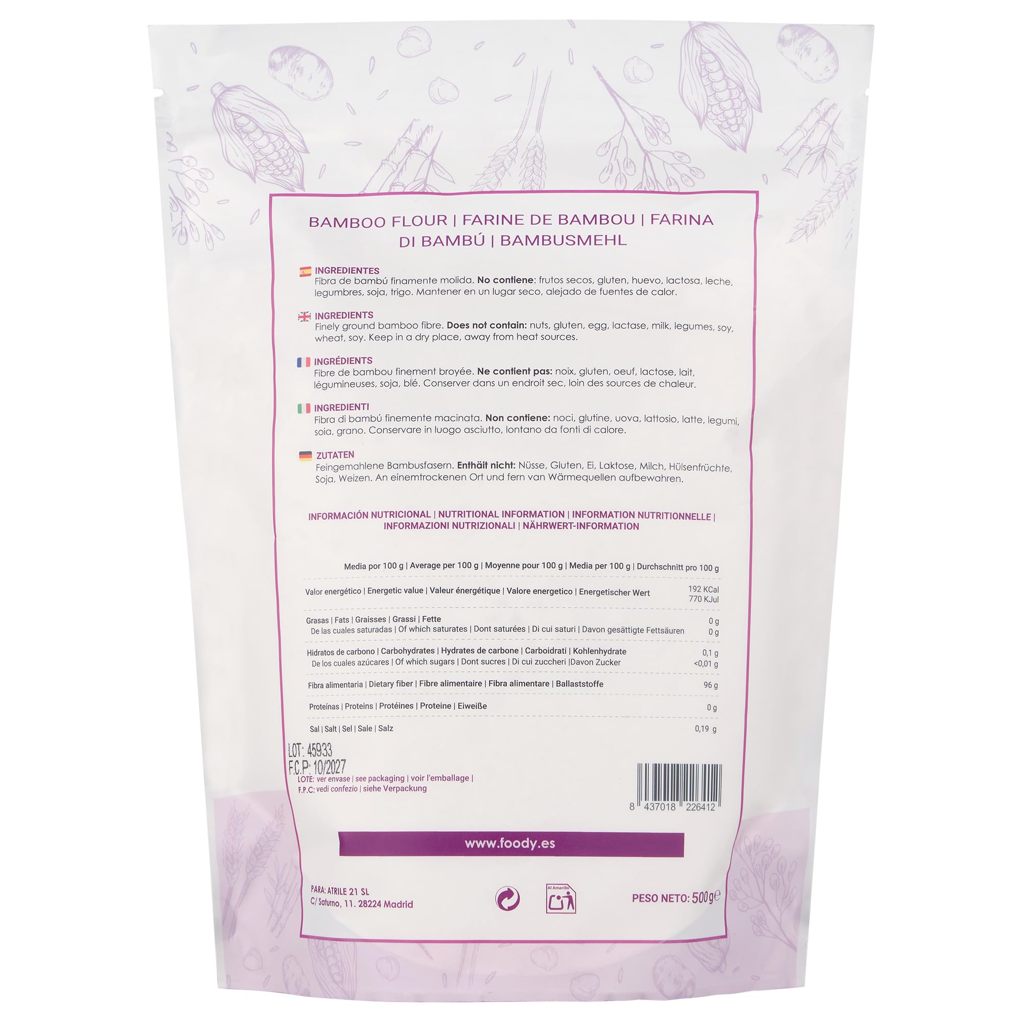 Harina de fibra de bambú finamente molida, 100% vegana, libre de gluten y alérgenos - Harina sin gluten para pan y repostería, muy baja en calorías, ideal para dietas keto o low carb - 500 gr