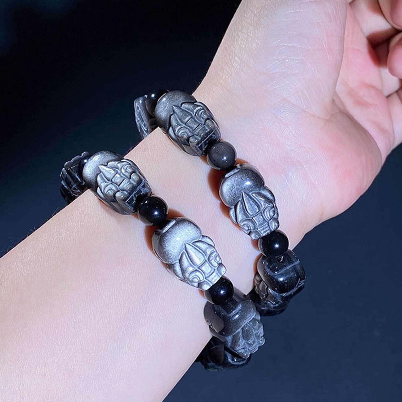 Armband Feng Shui Armband Natursilber Obsidian Armband Glücksdrache Armband 8mm Kristall Spacer Perlen Talisman Kristall Chakra Steine ​​Armband Unisex,7 Perlen