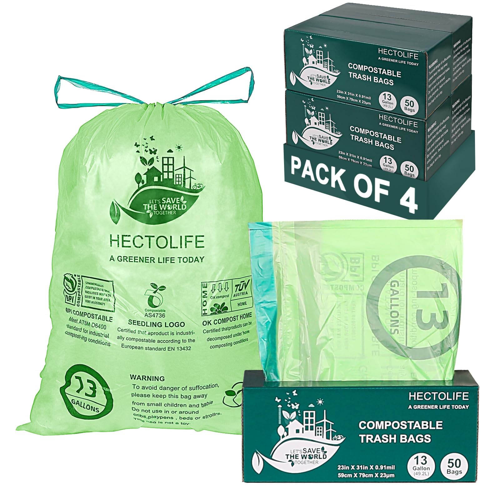 HECTOLIFE Bolsas de basura compostables de 13 galones, bolsa de residuos de comida de cocina, ASTM D6400, certificación US BPI y Europe OK Compost Home, 200 unidades