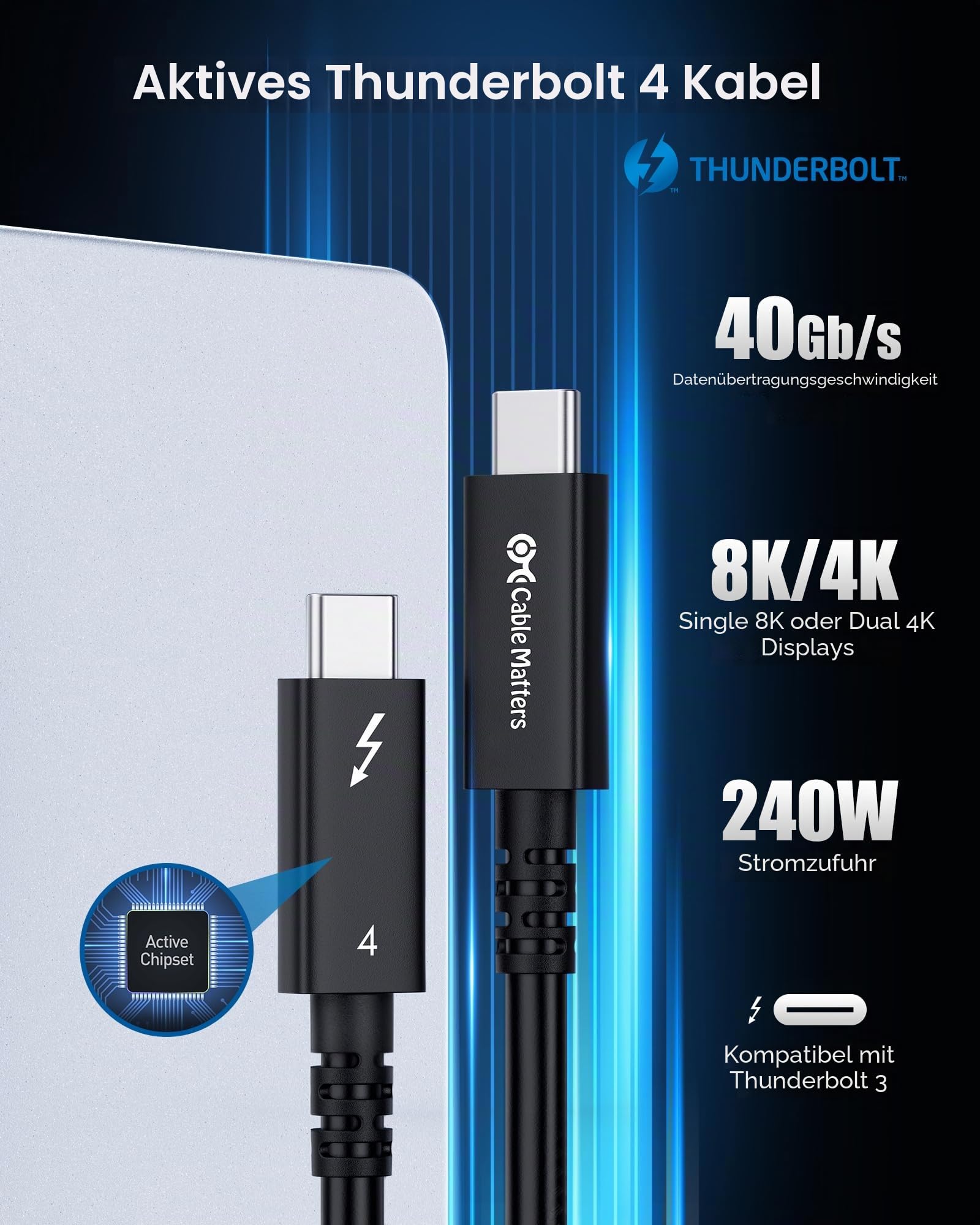 Cable Matters [Intel Certified] 40Gbps Active Thunderbolt 4 Kabel 2m mit 240W Ladeleistung und 8K Video - Vollständig kompatibel mit USB C/USB-C, USB 4 / USB4 und Thunderbolt 3