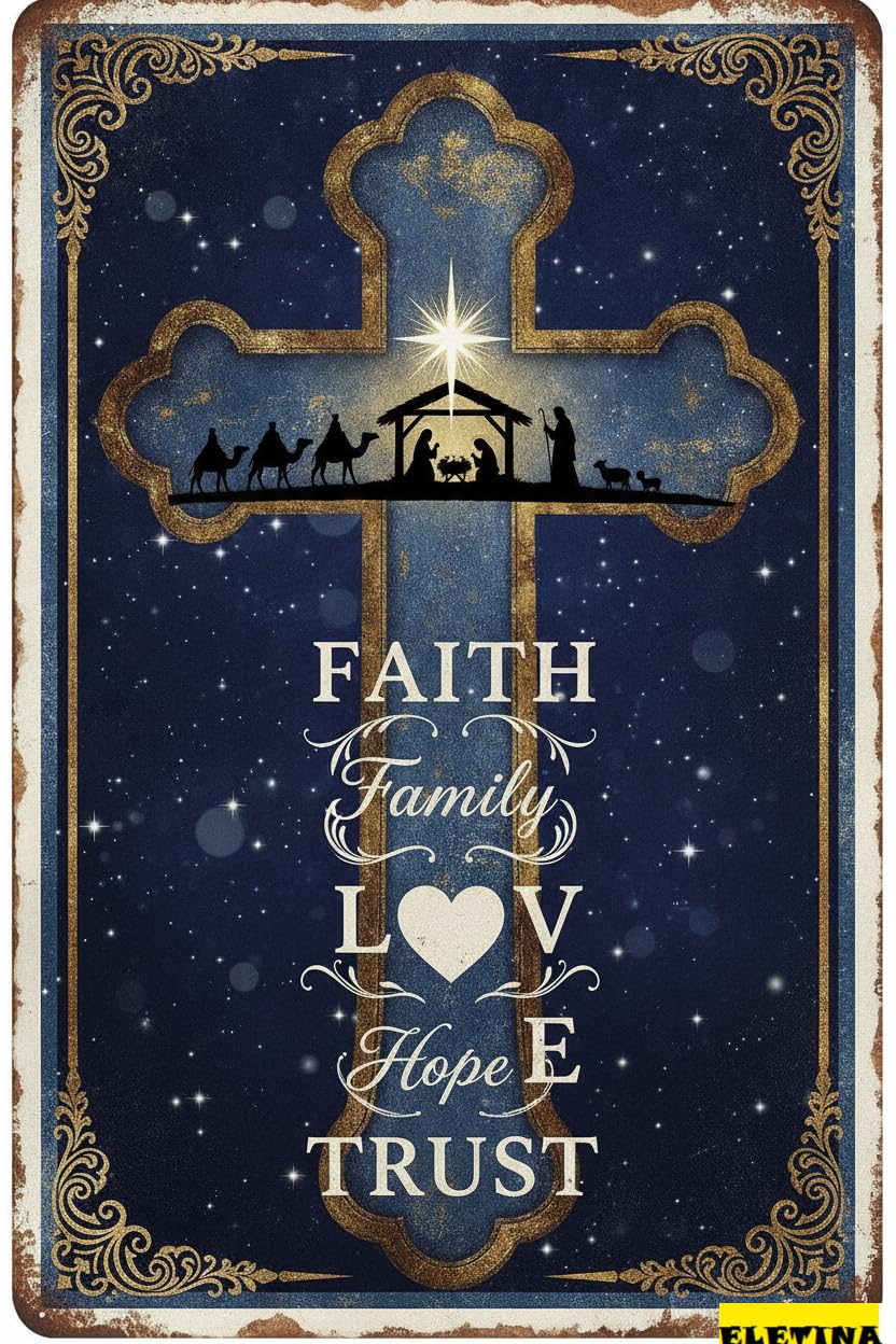 Faith Family Love Hope Trust Easter Bible Verse Nativity Scene French Vintage Retro Metal Sign 8x12in