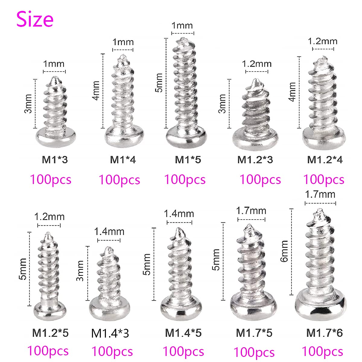 1000 Pcs Micro Screws Kit - M1 M1.2 M1.4 M1.7 Phillips Head For Phones, Glasses