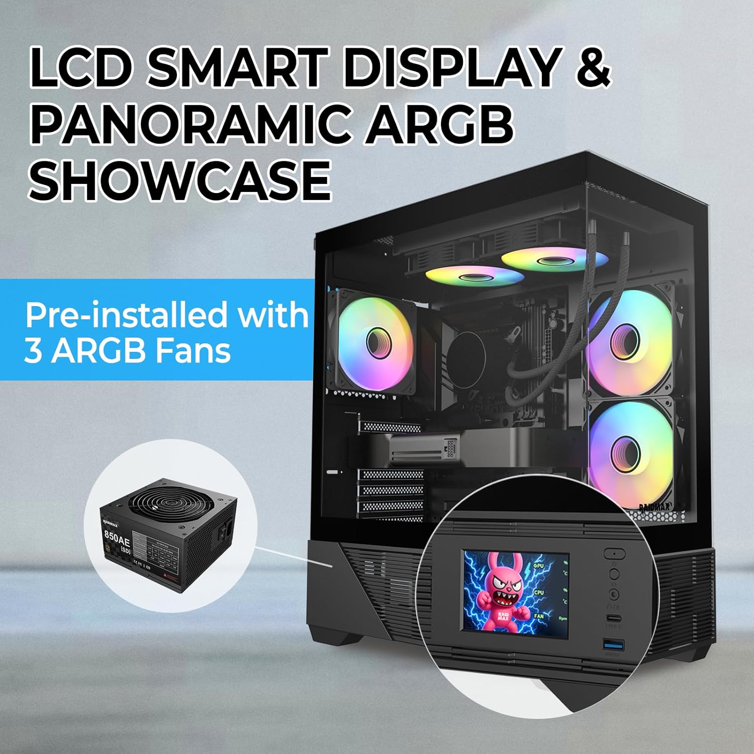 RAIDMAX i803 Panoramic LCD Gaming PC Case Series, Includes 650W 80+ Gold SI PSU & Digital Temp Display ARGB Air Cooler, High Airflow, Supports 400mm GPU & 360mm AIO (Case + PSU)
