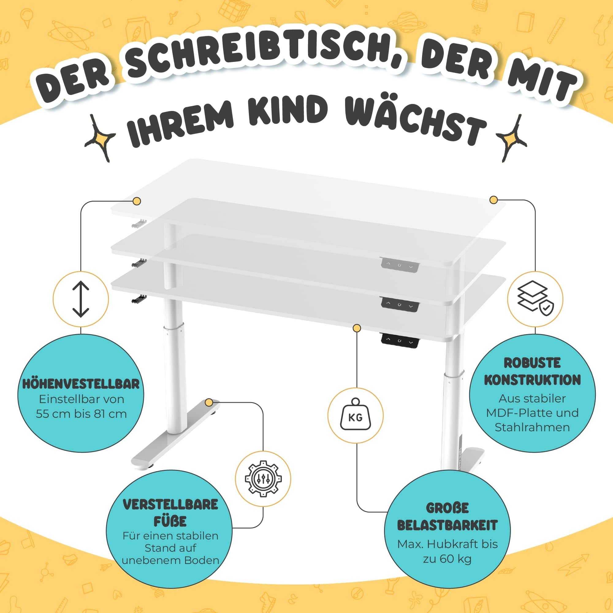 pro.tec Höhenverstellbarer Kinderschreibtisch Ringe 120 x 60 cm Computertisch für Kinder Weiß Schülerschreibtisch