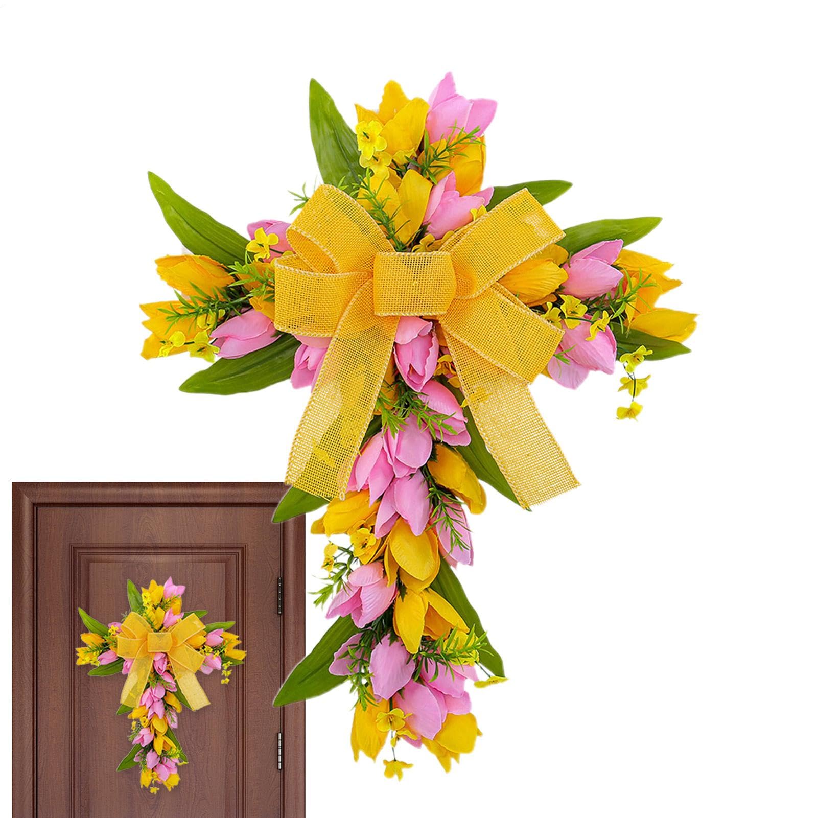 Couronne de Pâques pour porte d'entrée et déco murale fleurie de printemps de 40cm