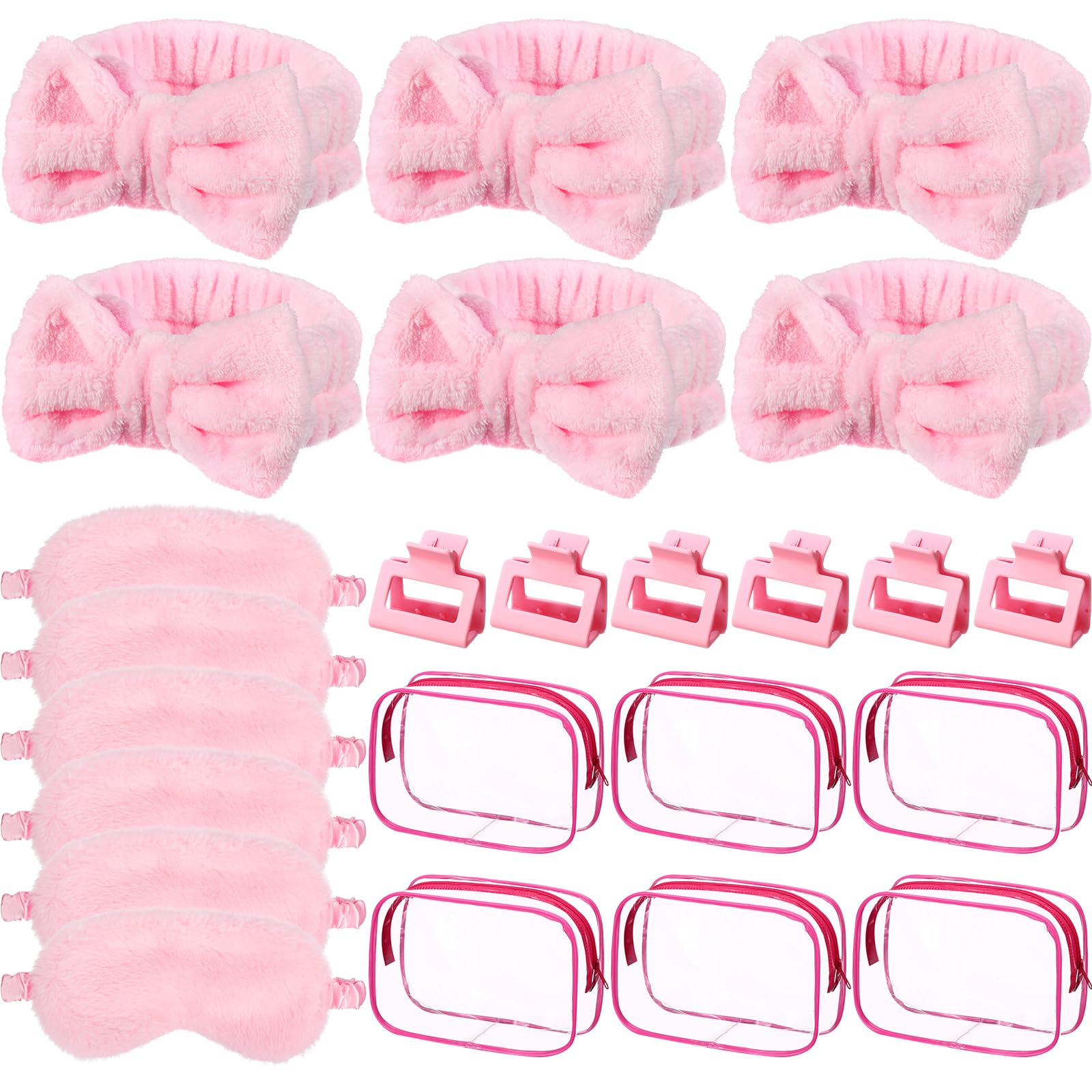 Wavyknot 24pcs Spa Party Favors for Woman Sleepover Supplies Spa Headband Plush Sleep Eye Mask Hair Claw Clips Clear Cosmetic Bags for Adult Slumber