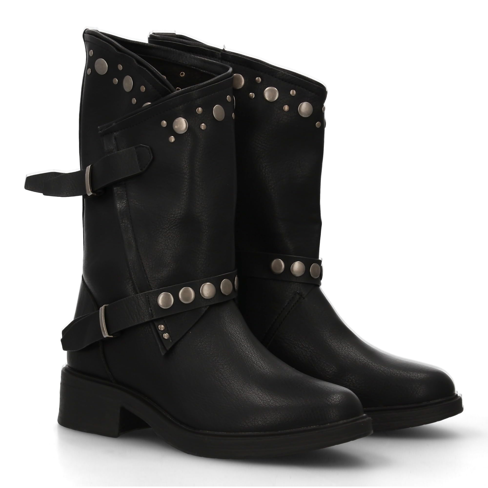 Botas de Mujer Estilo Urbano con Detalles metalicos y Tachuelas. Estampado Liso. Diseno Otono e Invierno, Cierre de Cremallera y Doble Hebilla Decorativa.