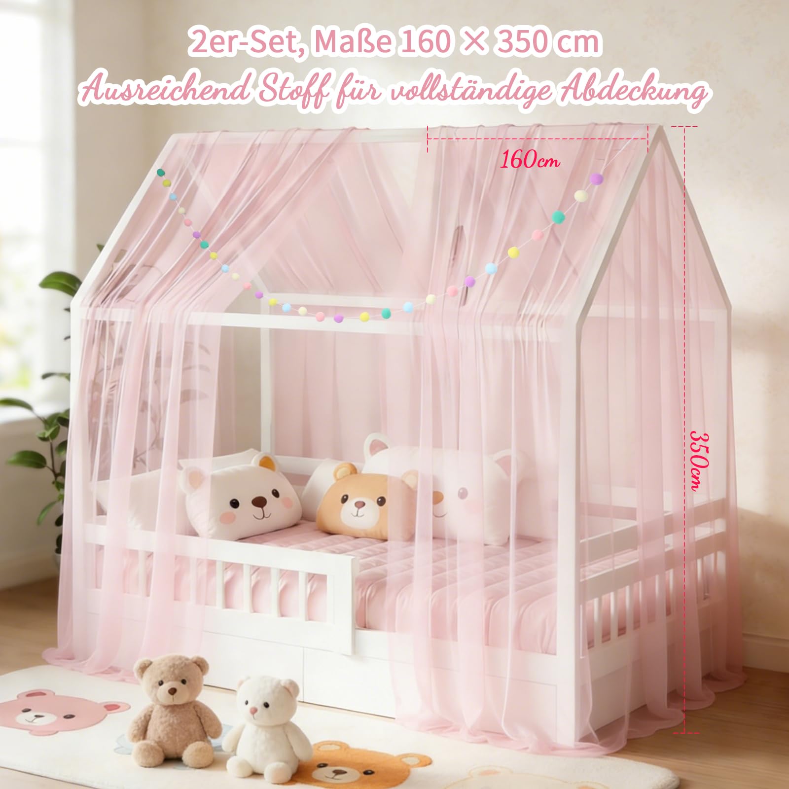 2 pezzi Tenda da letto a baldacchino per lettino bambini, 160x350cm con ghirlanda di pompon colorata e fasce di fissaggio, tende leggere e traspiranti per decorazione (Rosa)