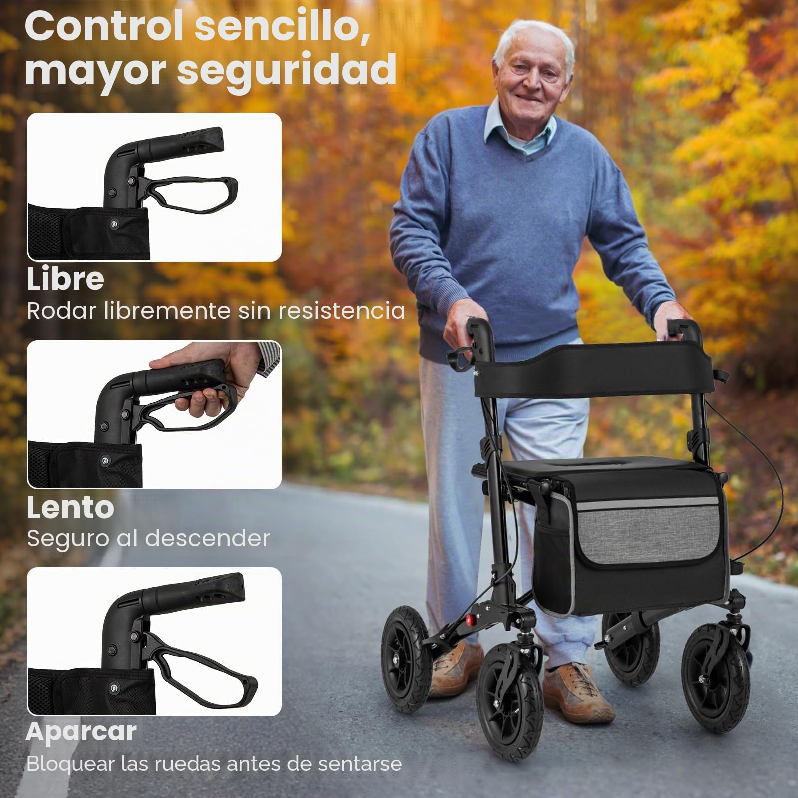 FANTASK Andador de viaje 2 en 1 para silla de ruedas y de viaje, color negro con sistema de ajuste de altura, andador de aluminio con diseño plegable, silla de ruedas con bolsa y soporte para bastones
